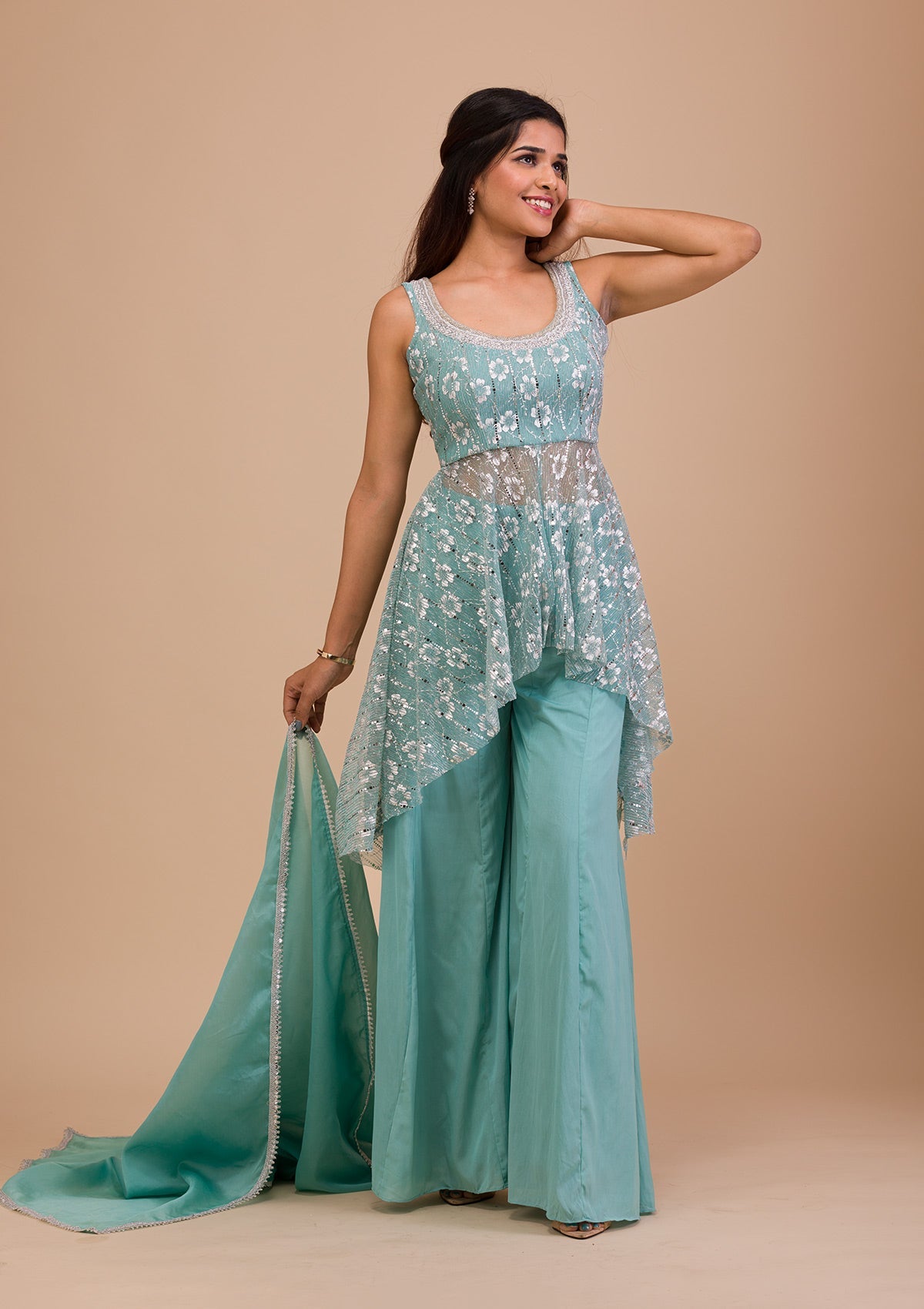 Sky Blue Sequins Shimmer Readymade Salwar Suit