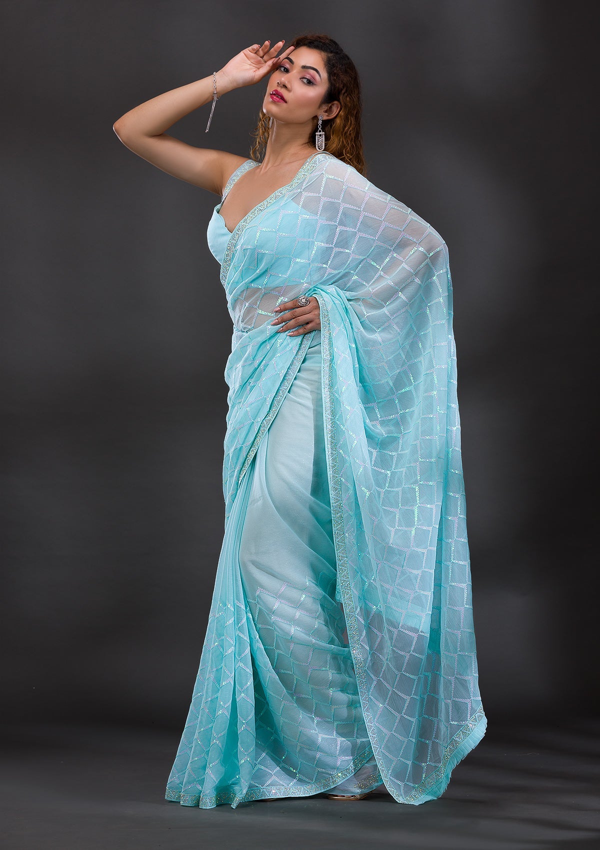 Sky Blue Sequins Chiffon Saree
