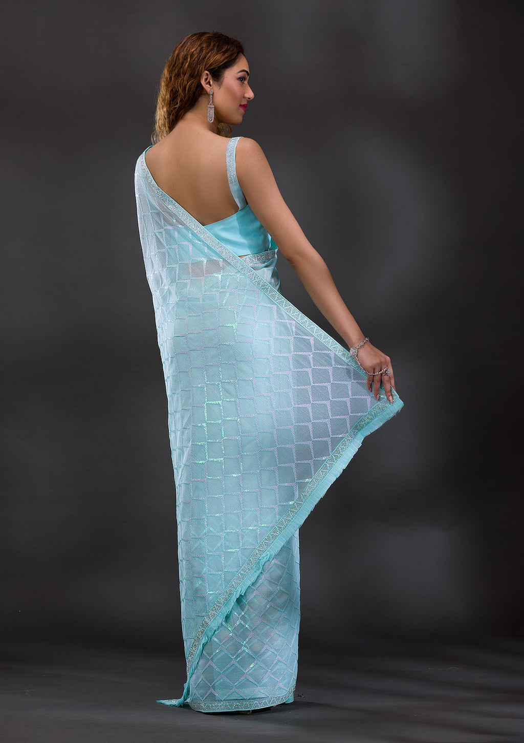 Sky Blue Sequins Chiffon Saree