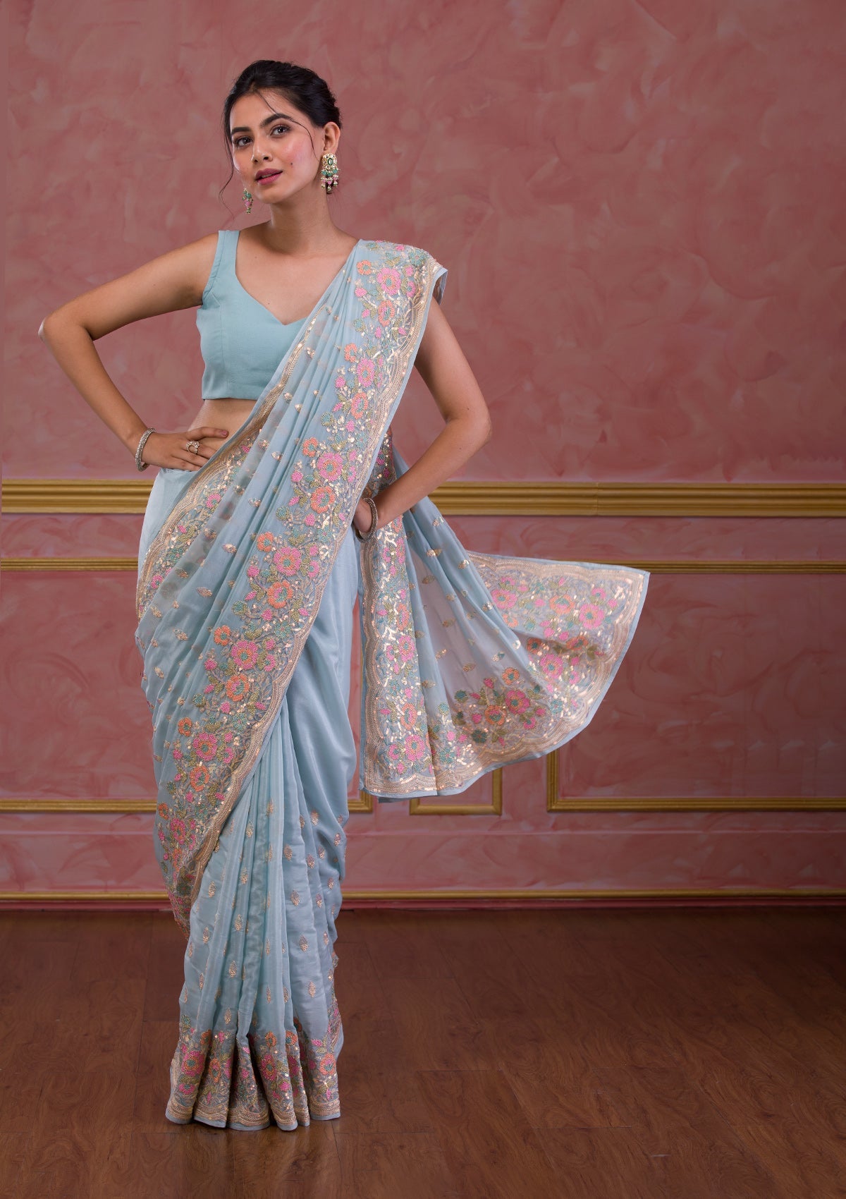 Sky Blue Threadwork Crepe Saree
