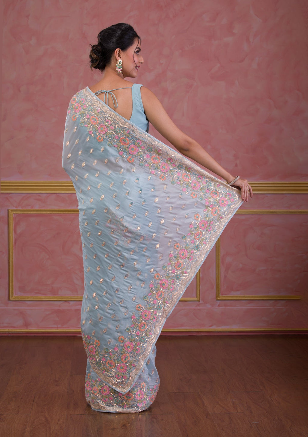 Sky Blue Threadwork Crepe Saree