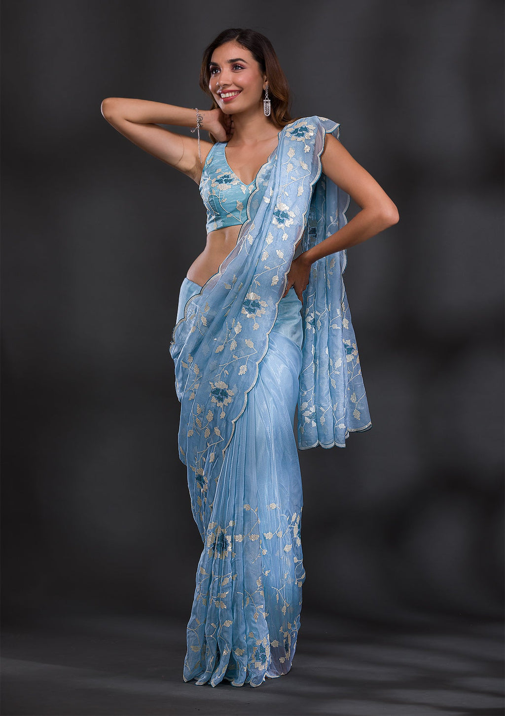 Sky Blue Cutdana Tissue Saree