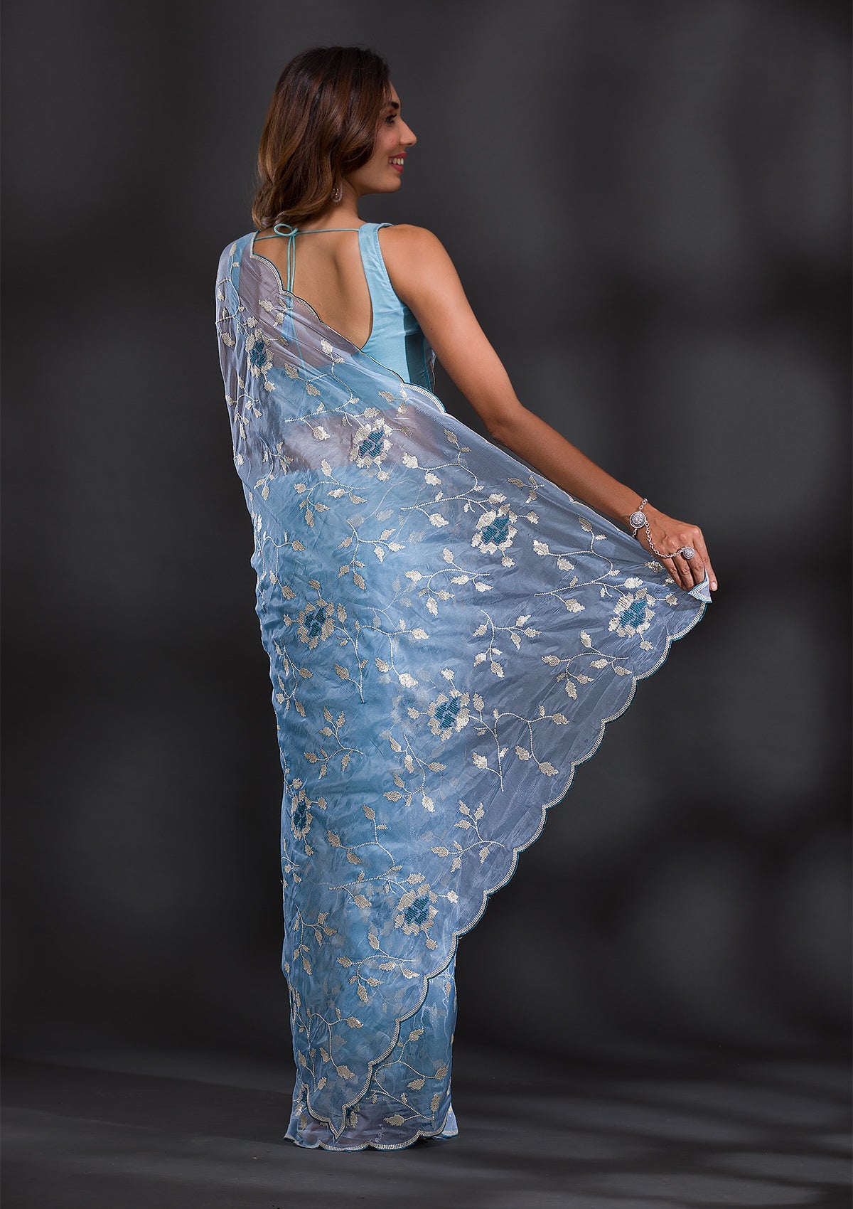 Sky Blue Cutdana Tissue Saree
