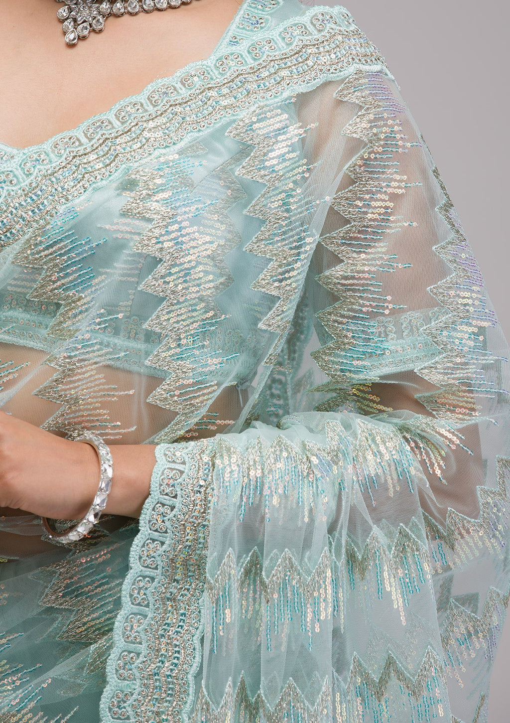 Sky Blue Sequins Organza Saree