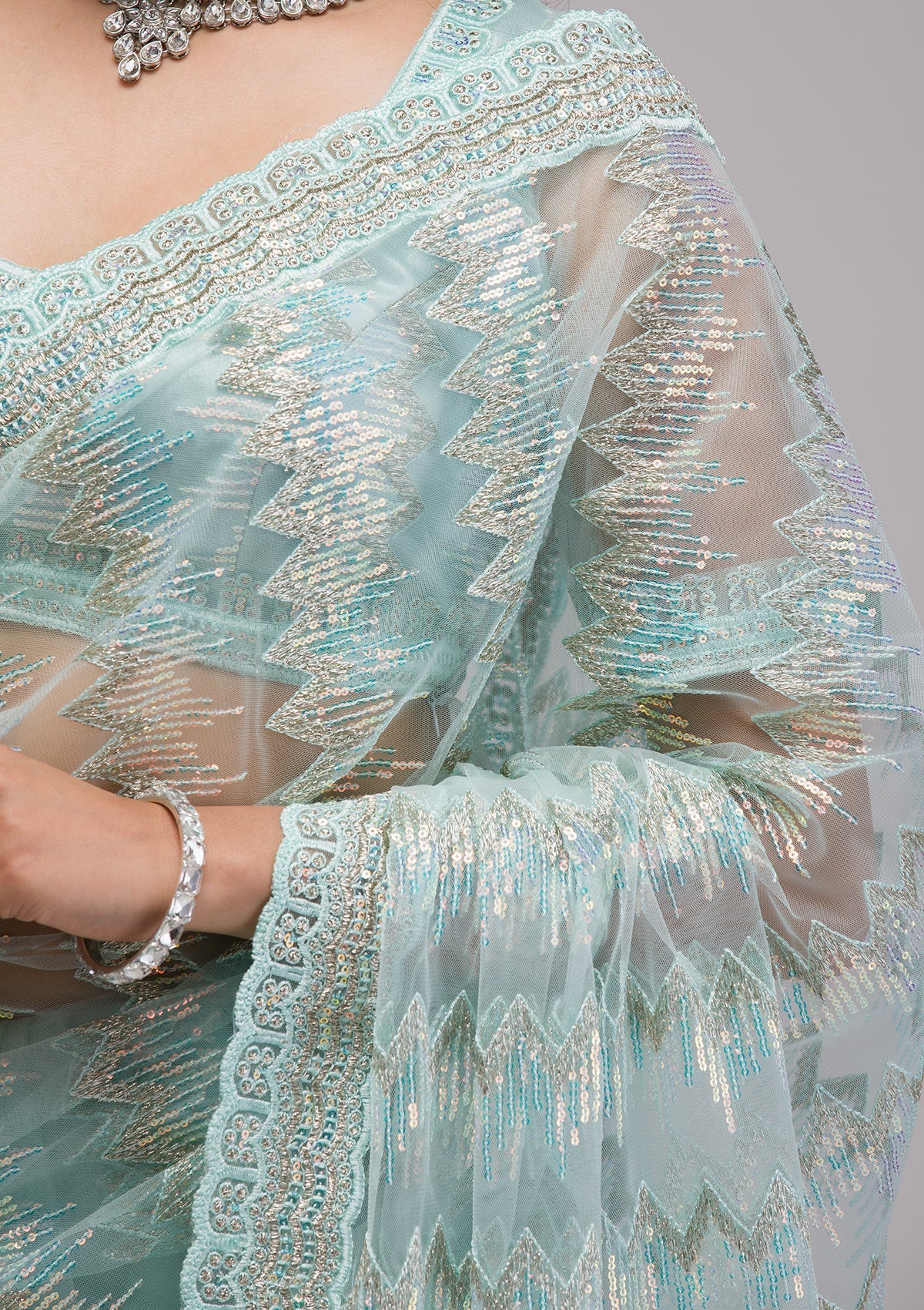 Sky Blue Sequins Organza Saree