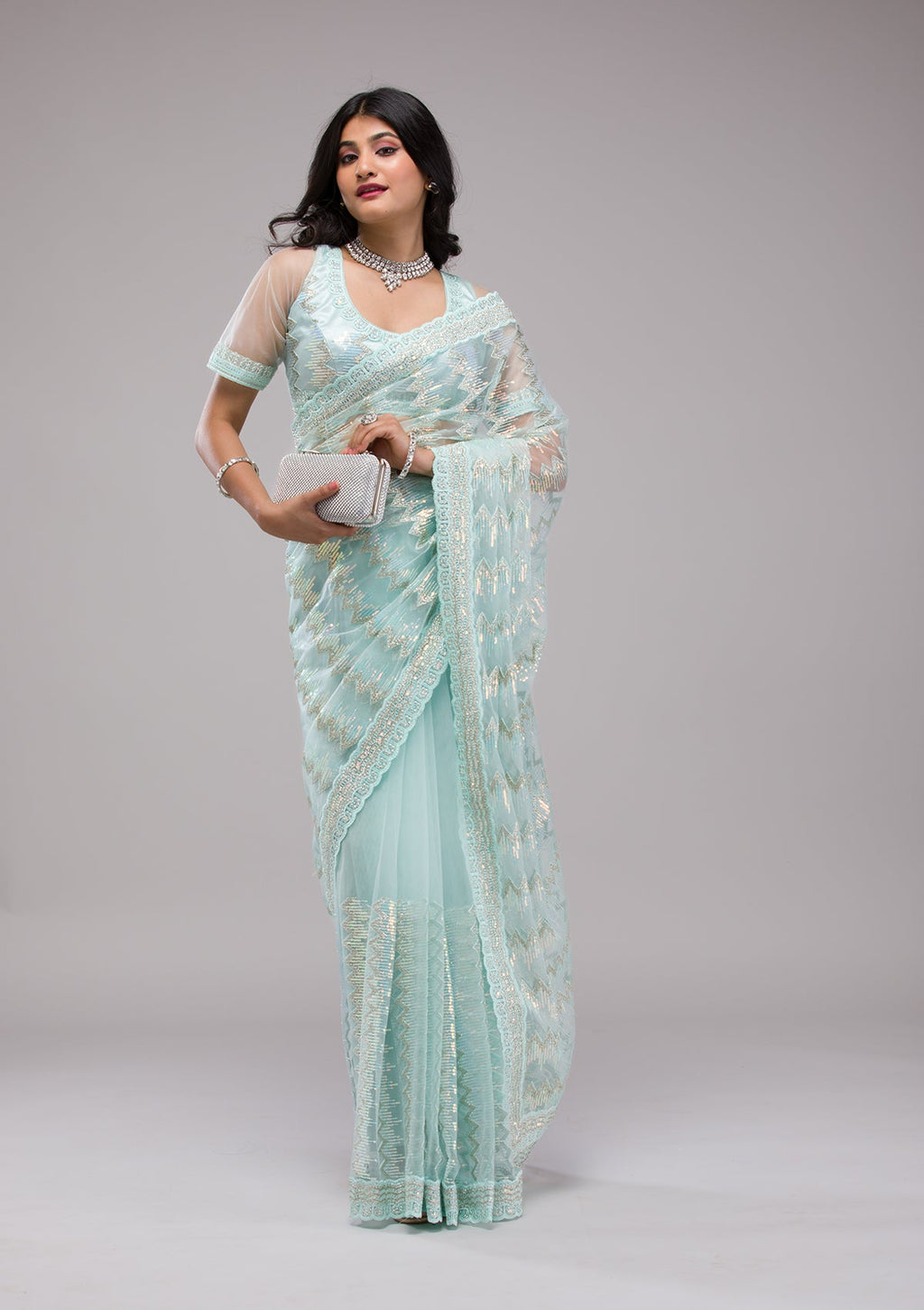 Sky Blue Sequins Organza Saree