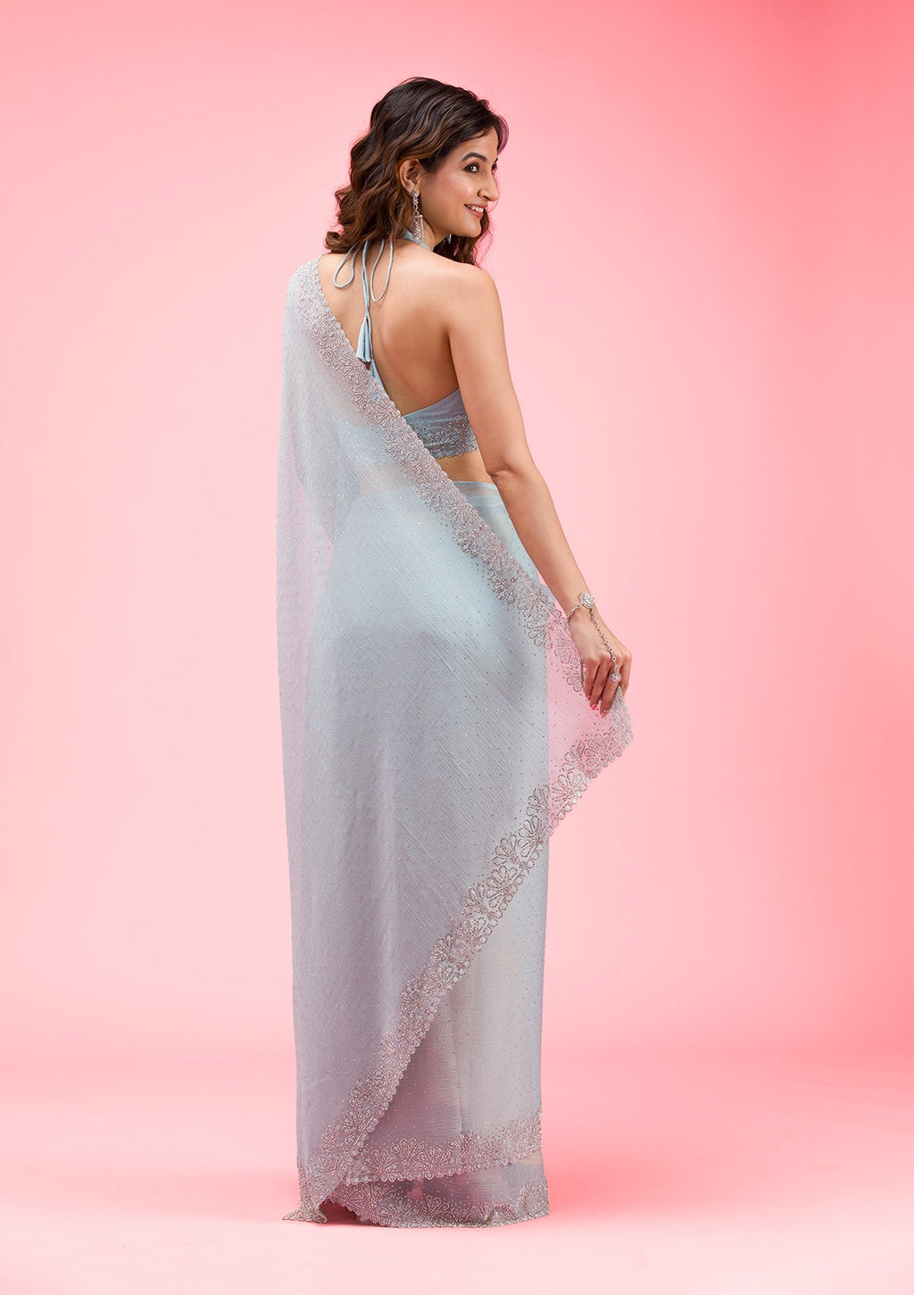 Sky Blue Stonework (Silver) Georgette Saree