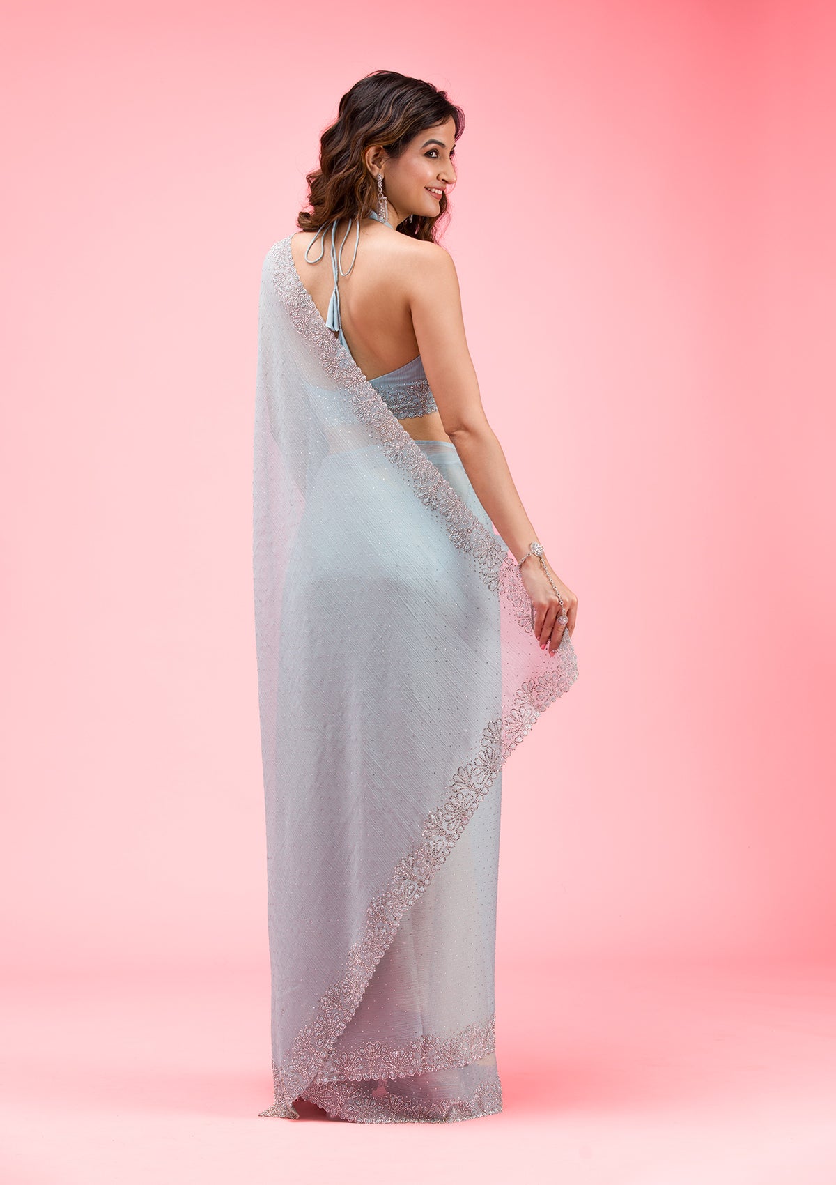Sky Blue Stonework (Silver) Georgette Saree
