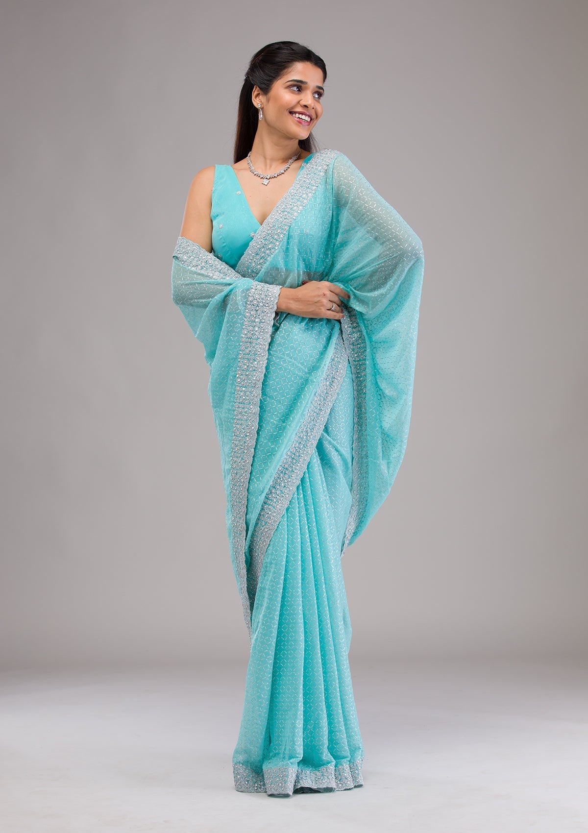 Sky Blue Stonework Georgette Saree