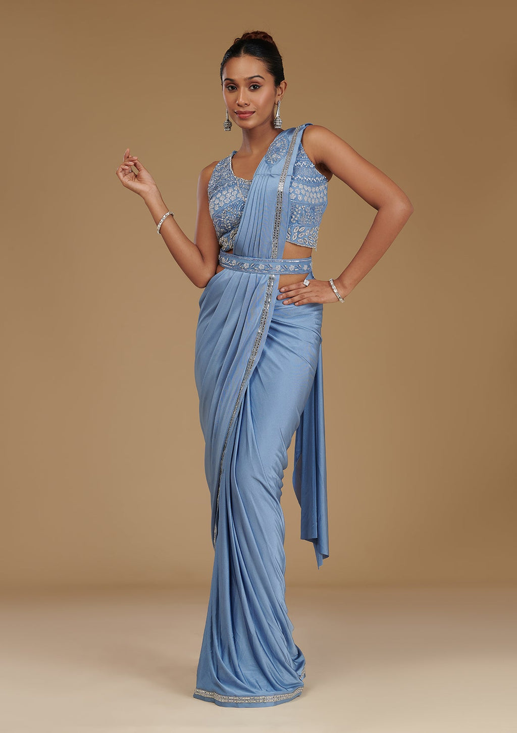 Sky Blue Stonework Satin Readymade Saree