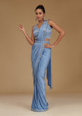 Sky Blue Stonework Satin Readymade Saree
