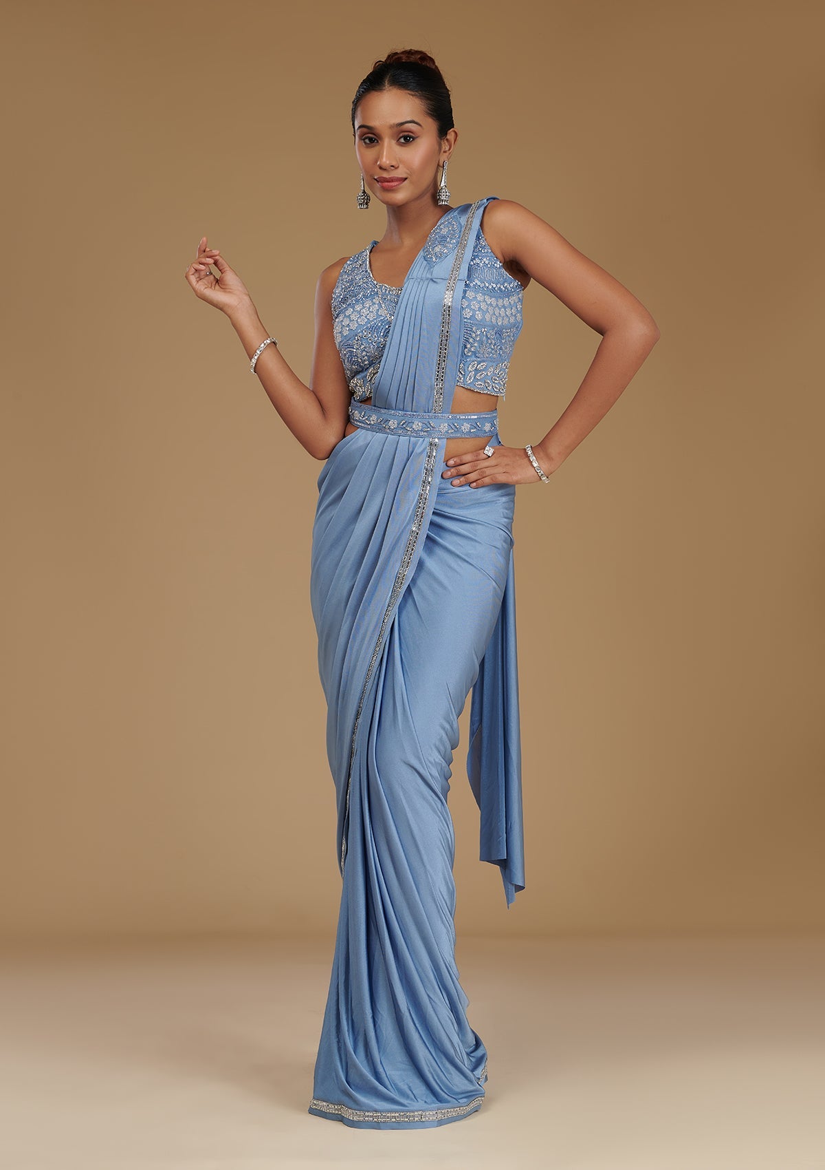 Sky Blue Stonework Satin Readymade Saree