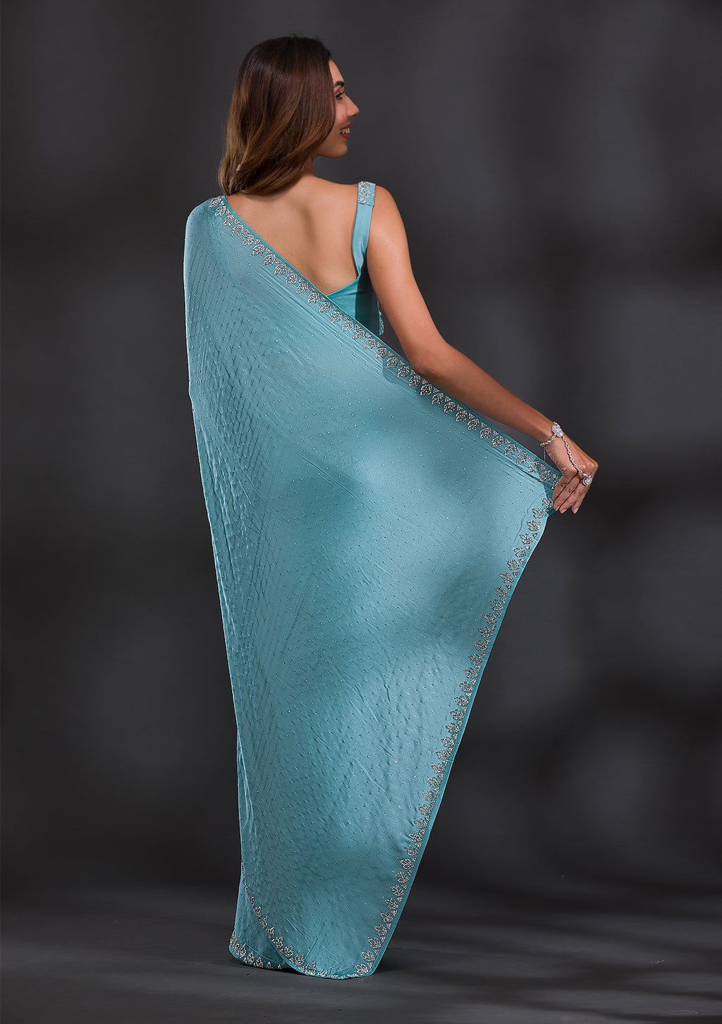 Sky Blue Stonework Satin Saree