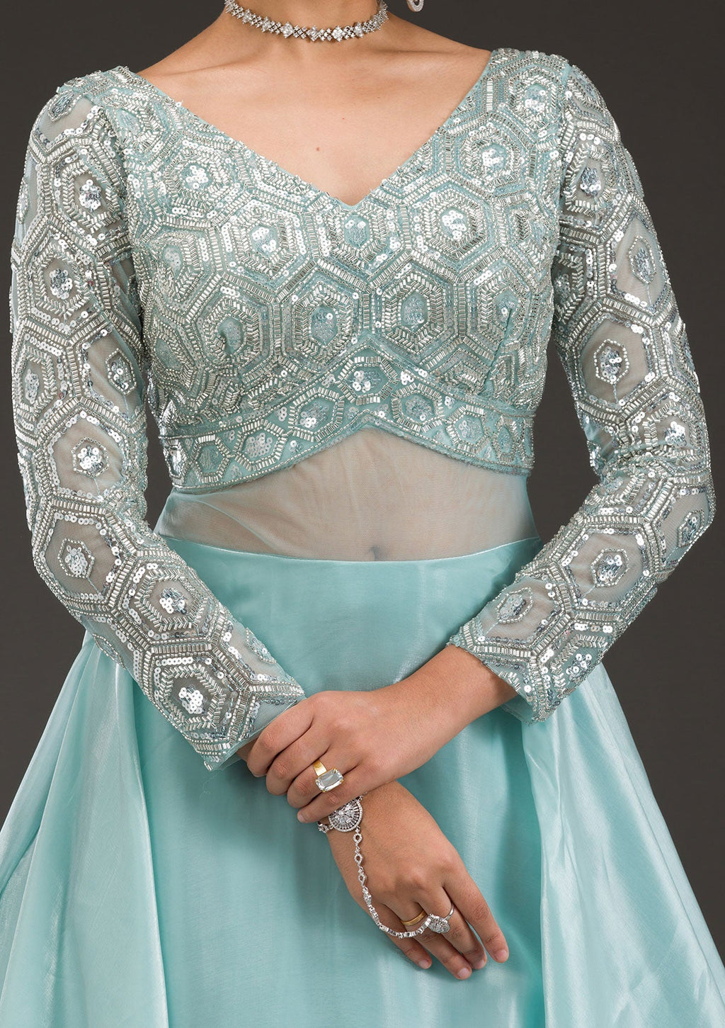 Sky Blue Stonework Semi Crepe Gown