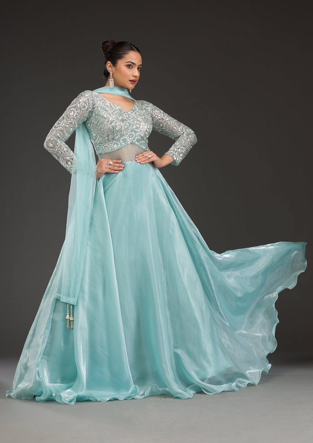 Sky Blue Stonework Semi Crepe Gown