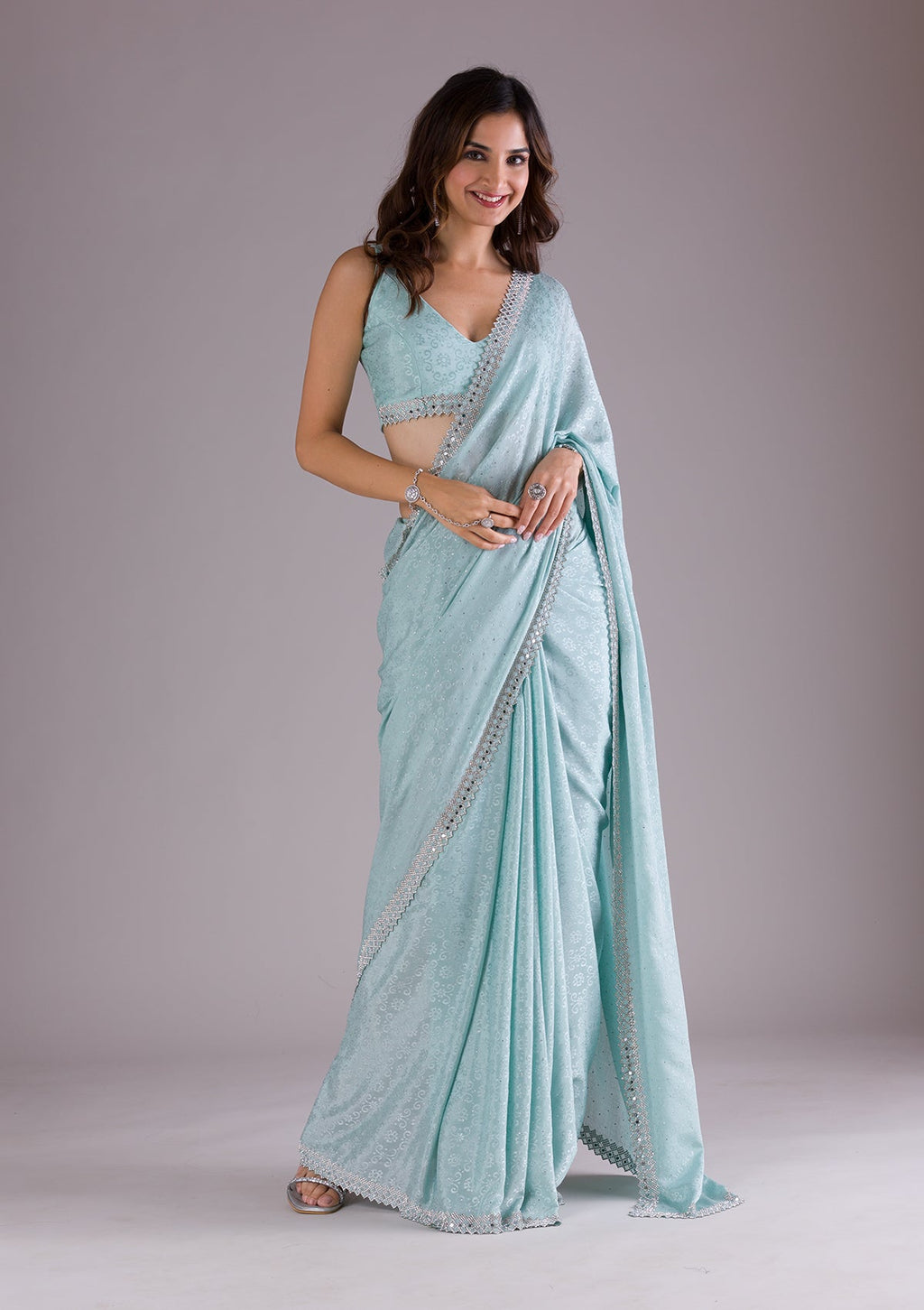 Sky Blue Stonework (Silver) Satin Saree