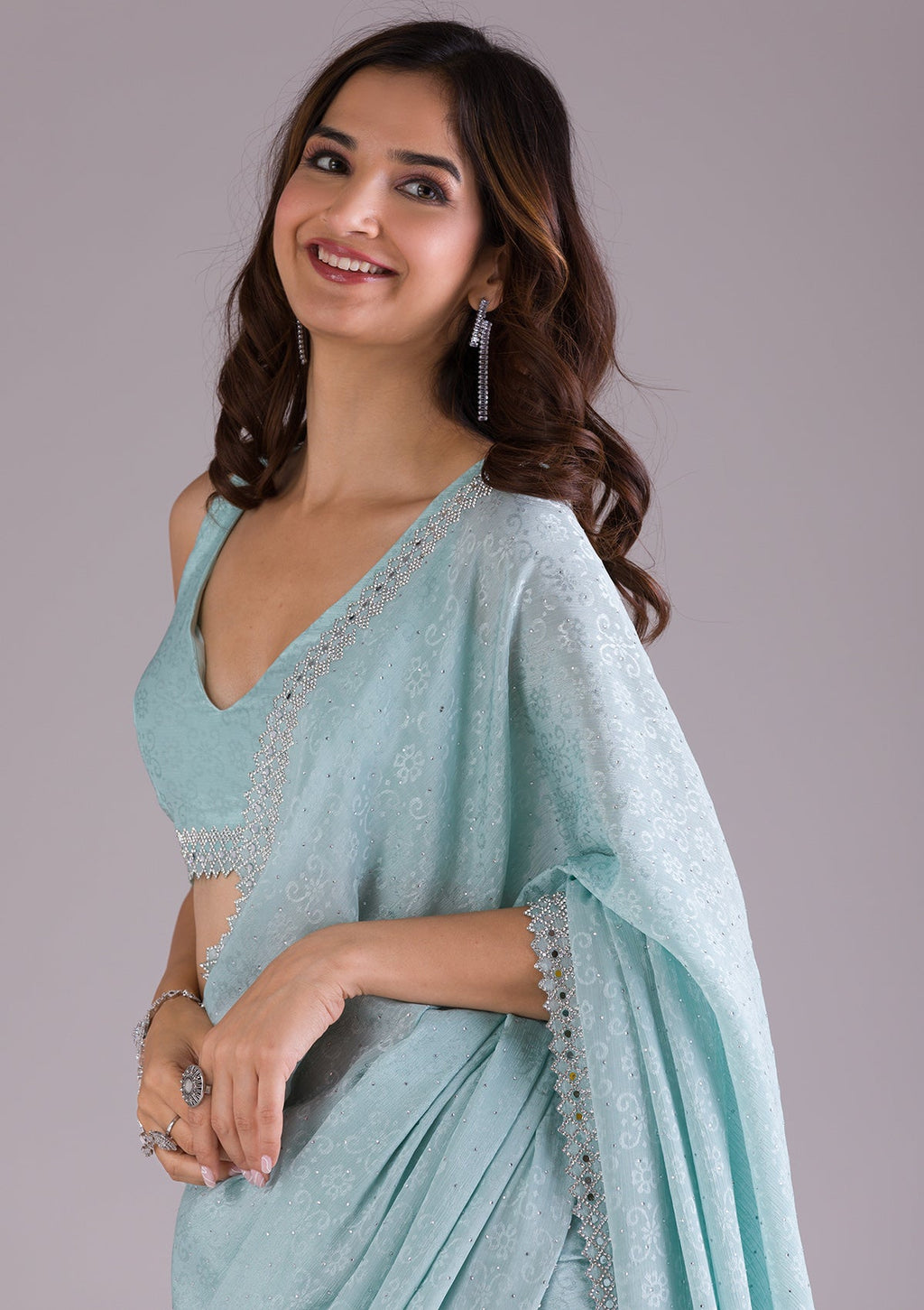 Sky Blue Stonework (Silver) Satin Saree