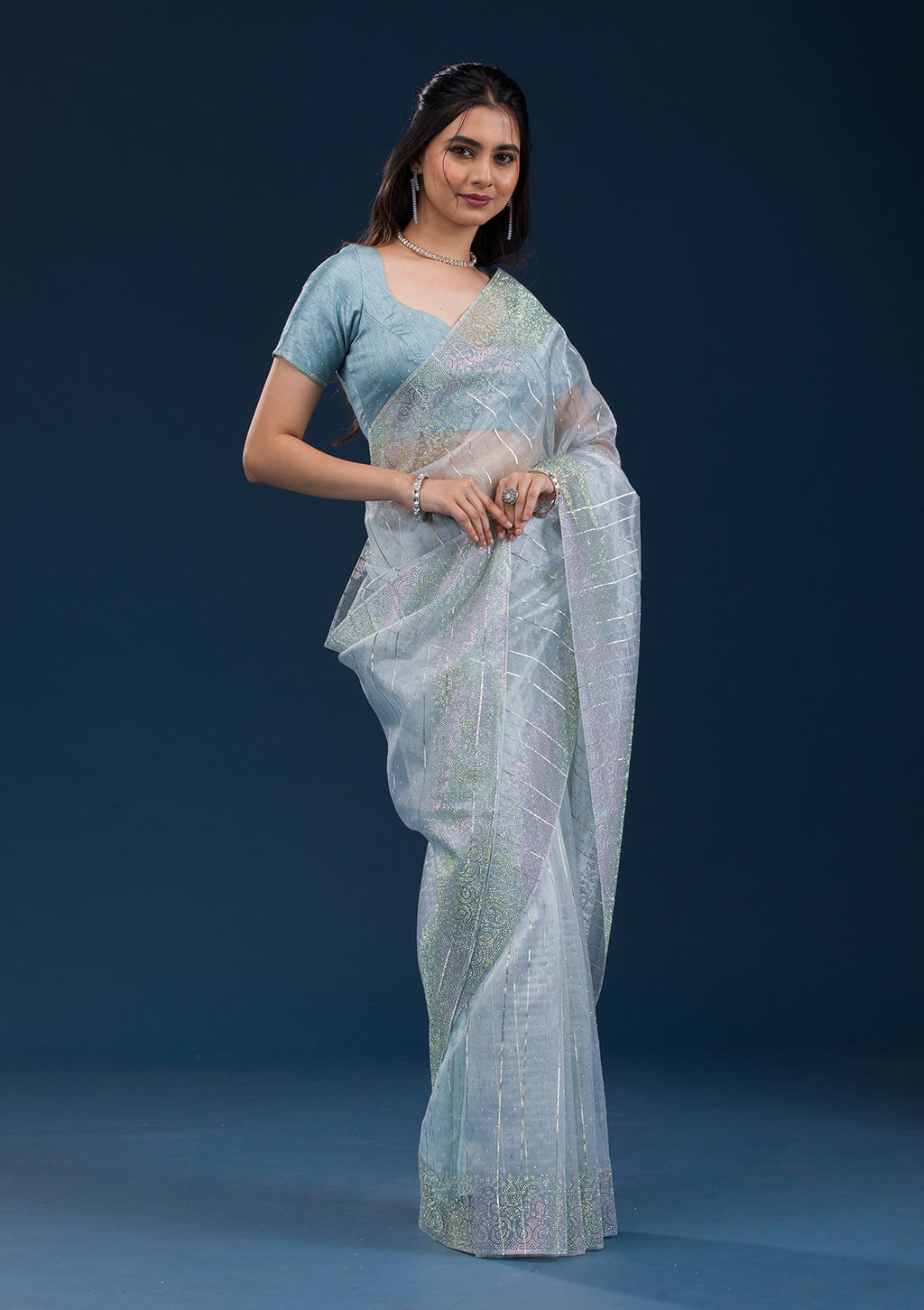 Sky Blue Stonework Tissue Saree