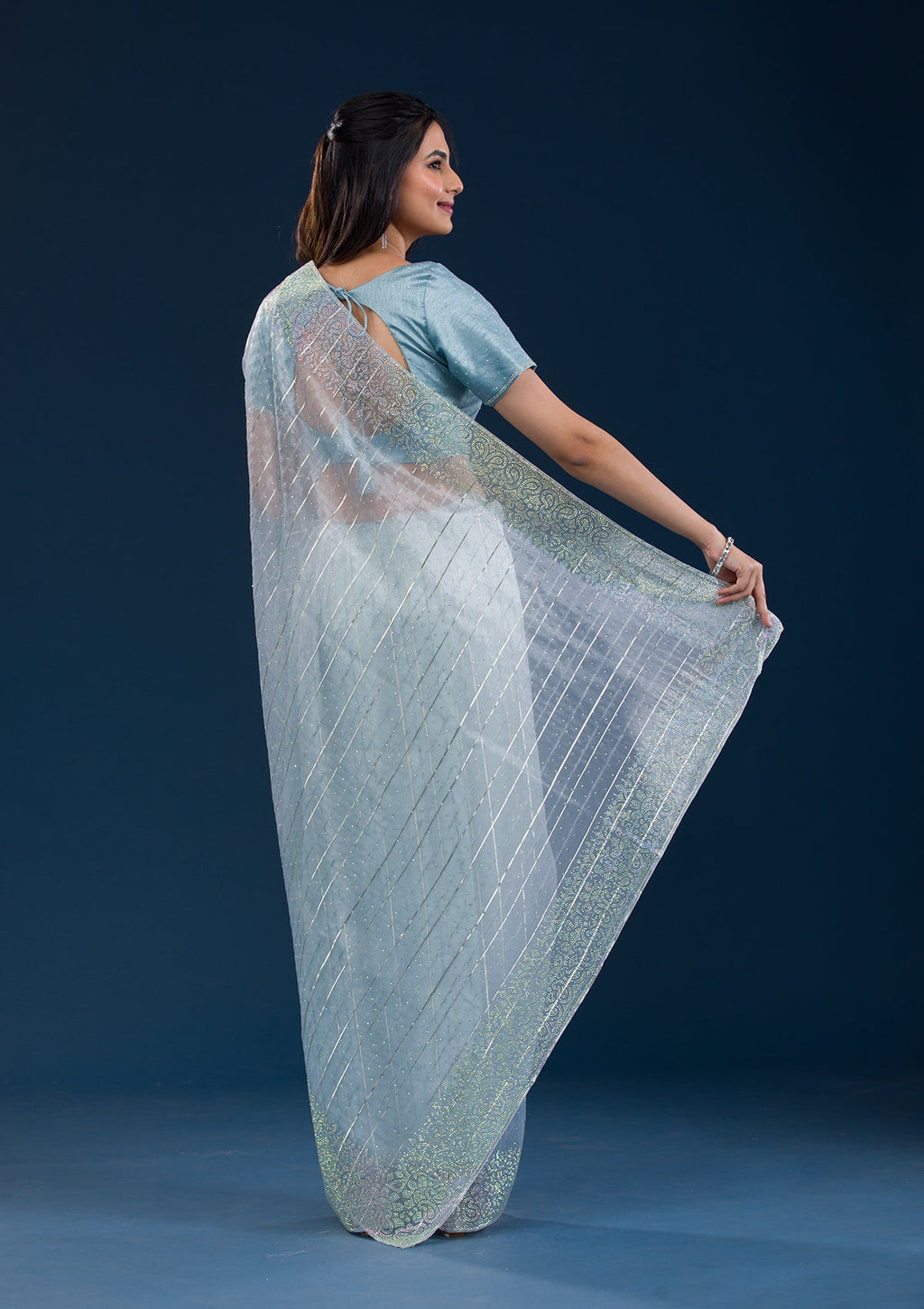Sky Blue Stonework Tissue Saree