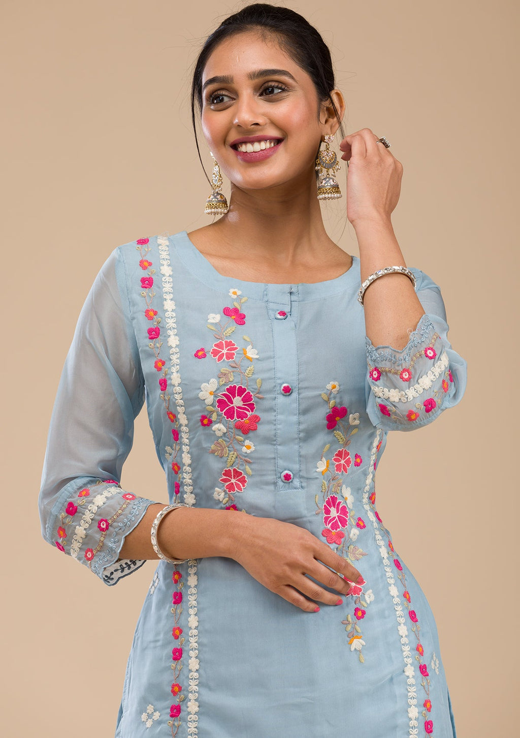 Sky Blue Threadwork Chiffon Readymade Salwar Suit