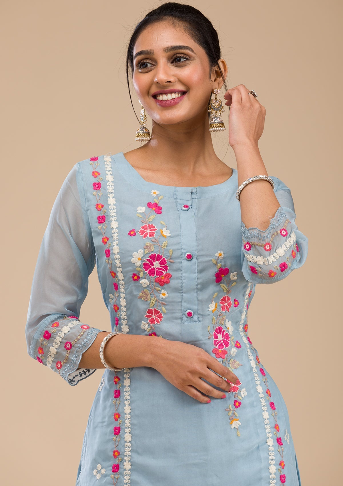 Sky Blue Threadwork Chiffon Readymade Salwar Suit