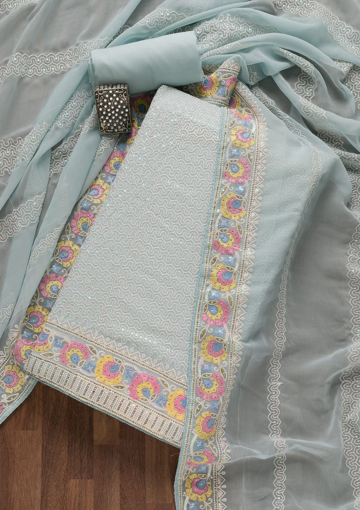 Sky Blue Threadwork Georgette Unstitched Salwar Suit