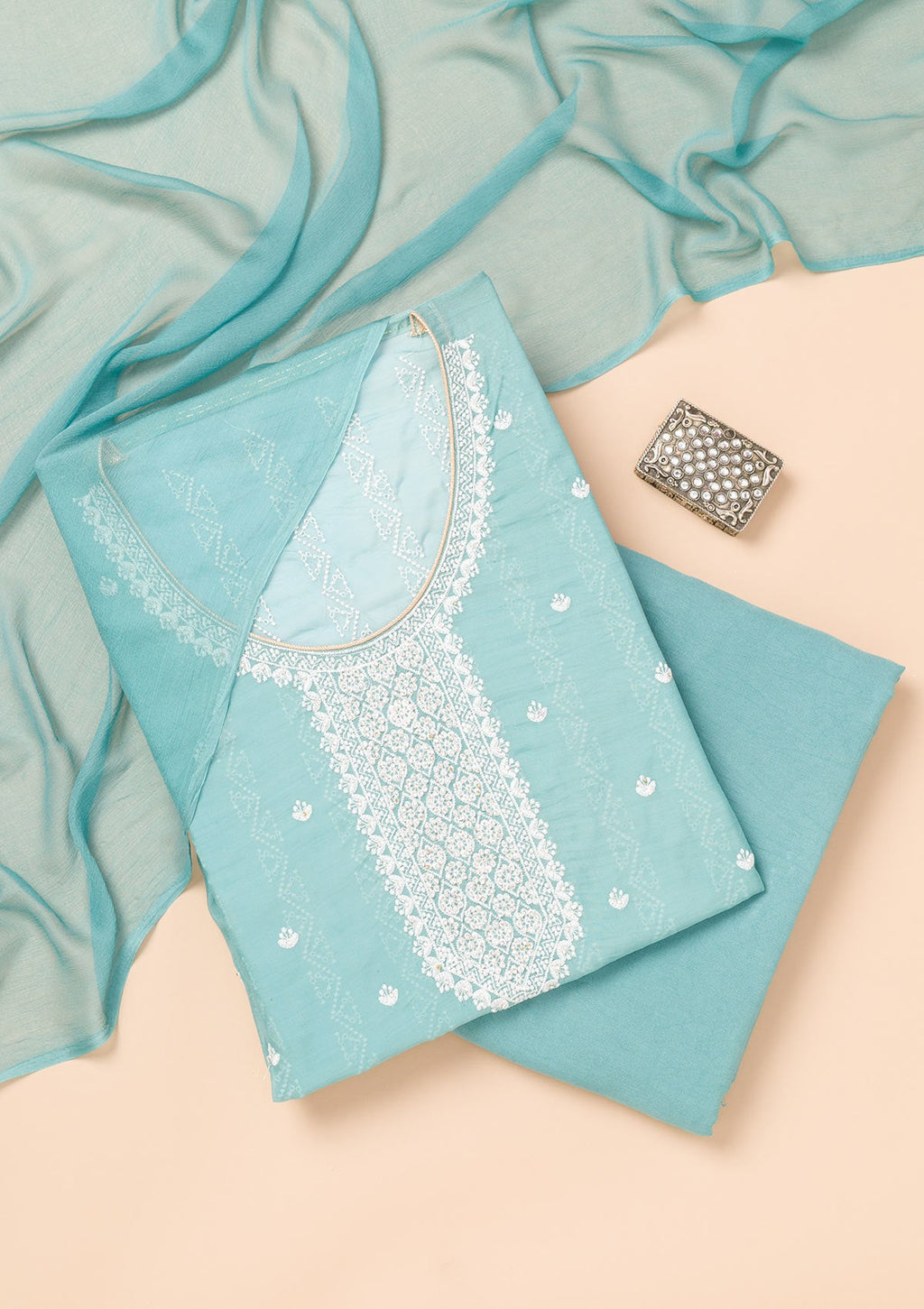 Sky Blue Threadwork Georgette Unstitched Salwar Suit