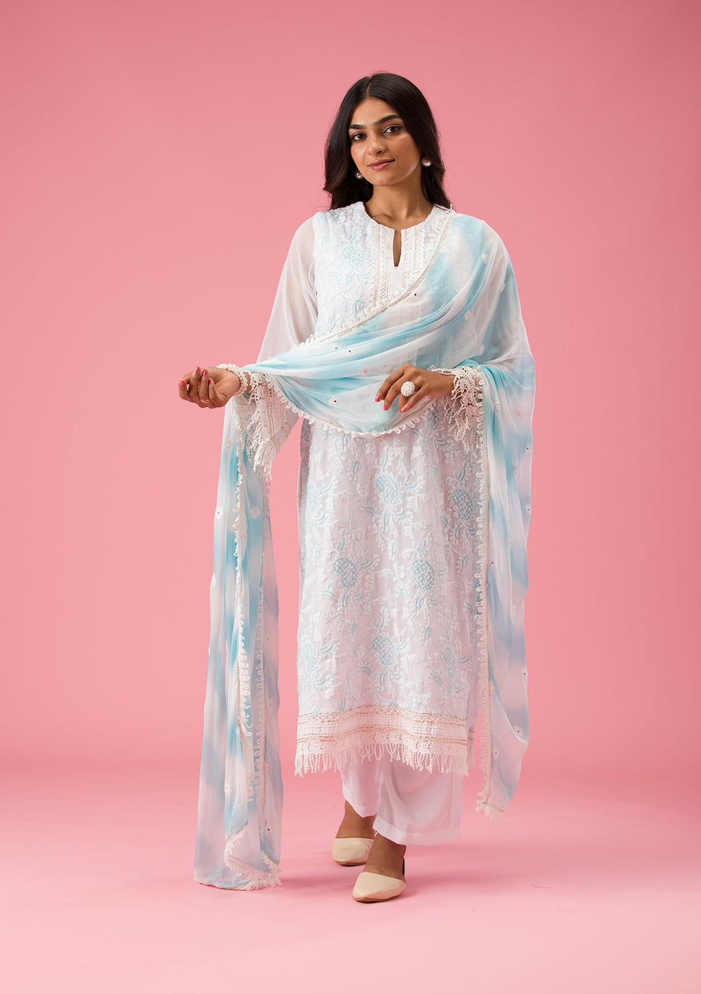 Sky Blue Threadwork Georgette Unstitched Salwar Suit