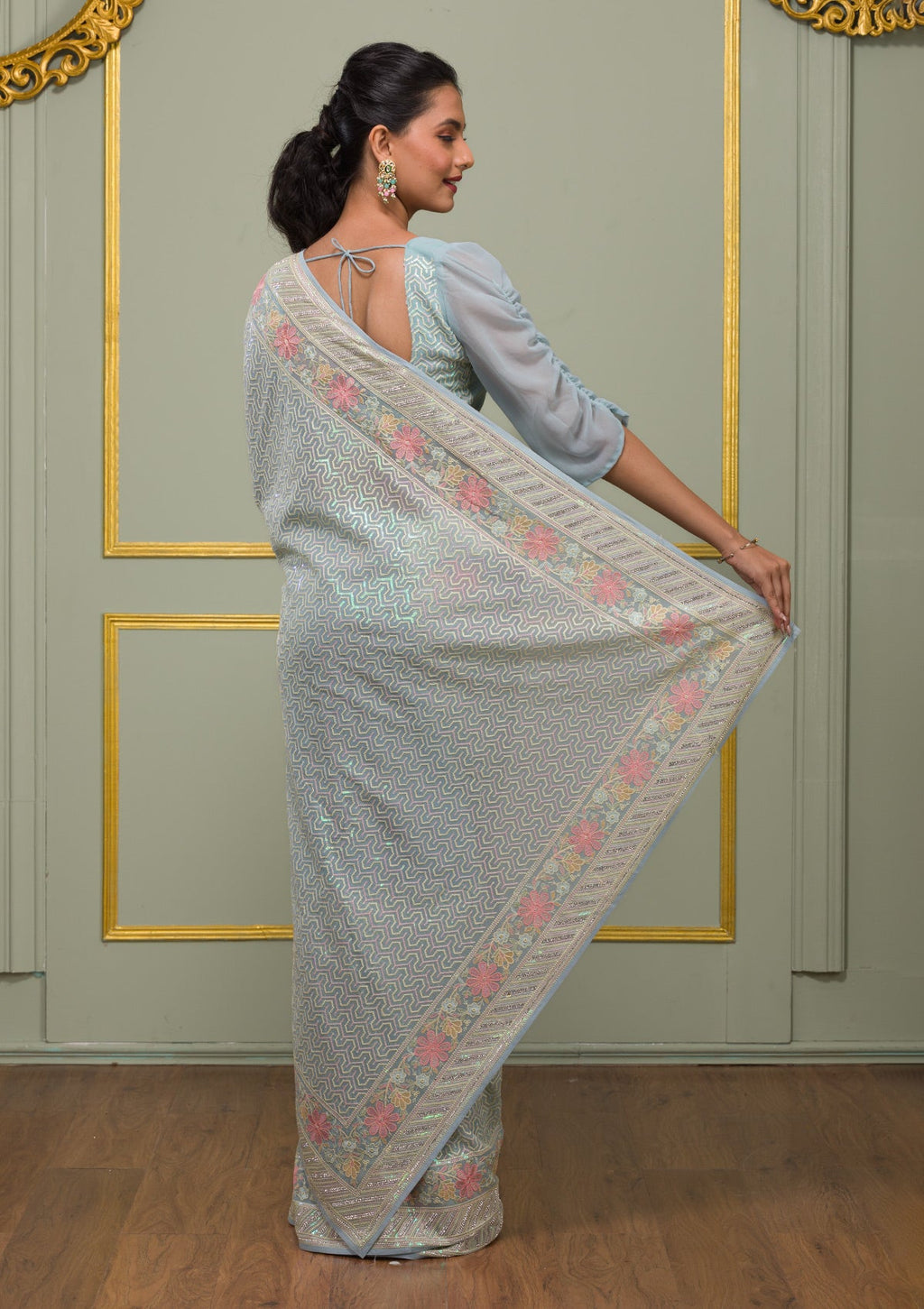 Sky Blue Threadwork Georgette Designer Saree
