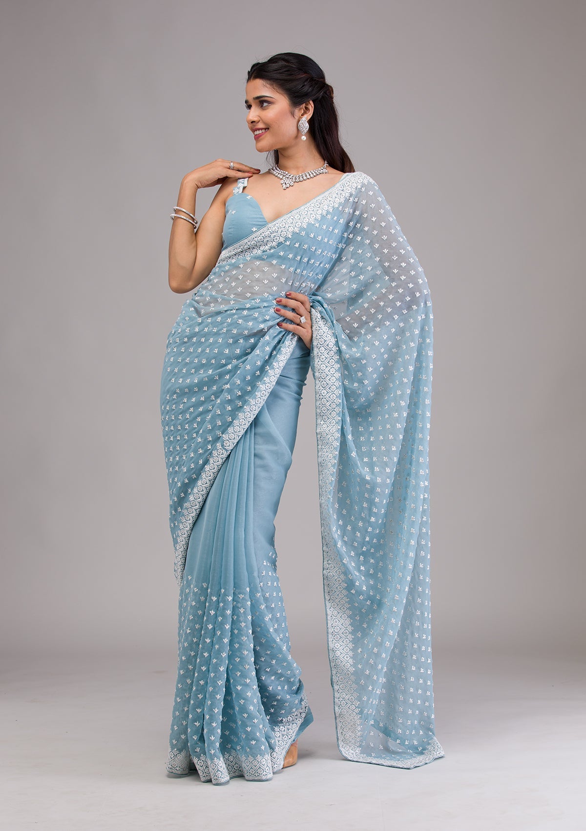 Sky Blue Threadwork Georgette Saree