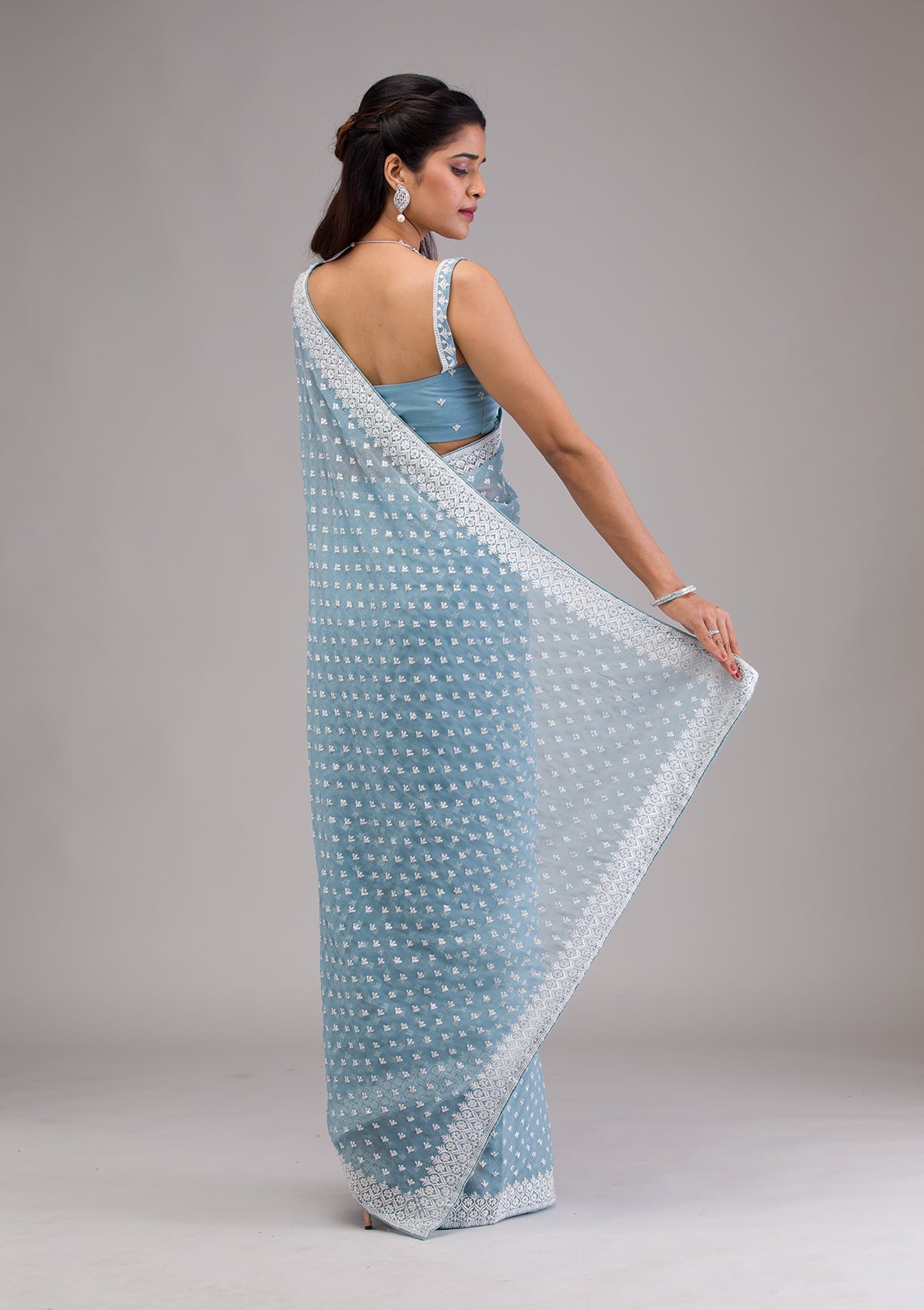 Sky Blue Threadwork Georgette Saree