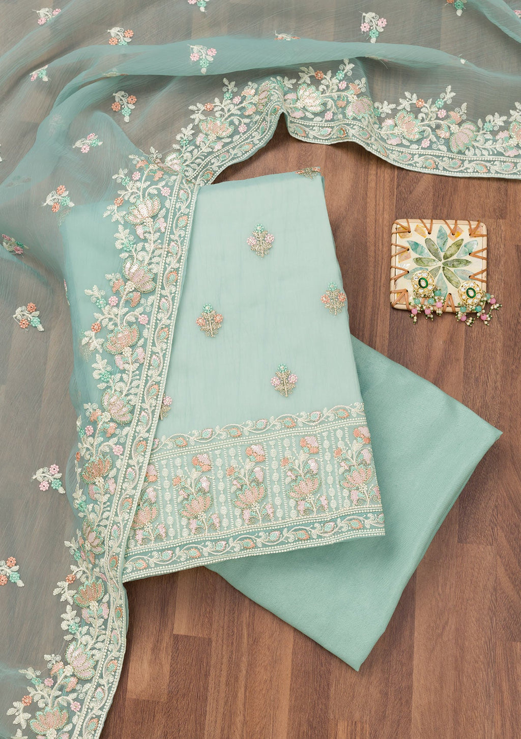 Sky Blue Threadwork Organza Unstitched Salwar Suit