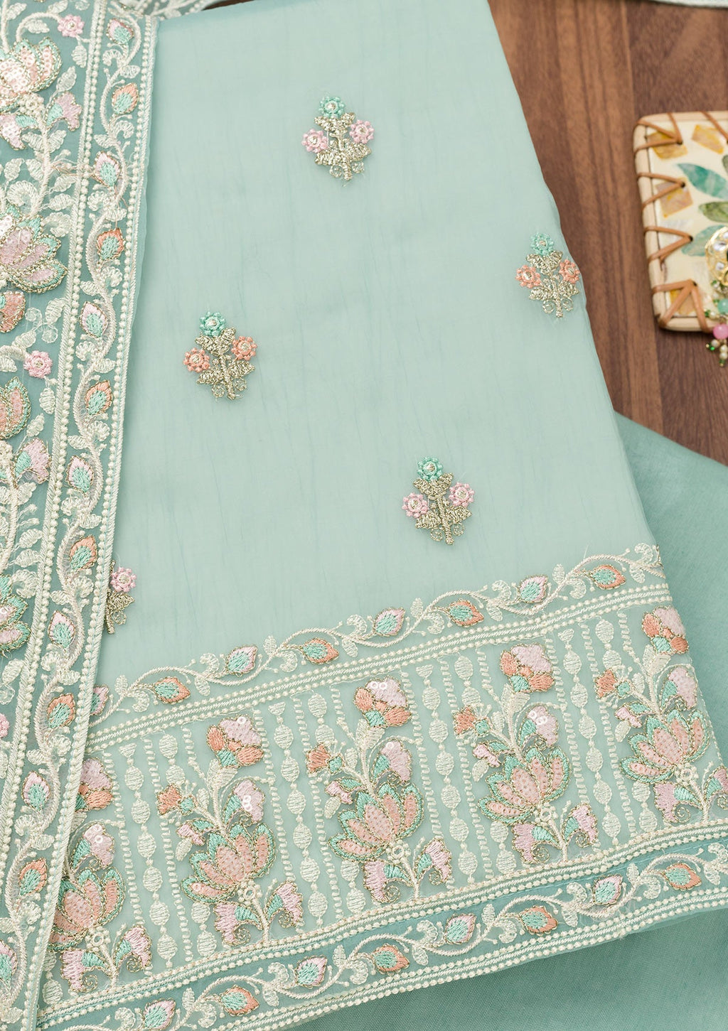 Sky Blue Threadwork Organza Unstitched Salwar Suit