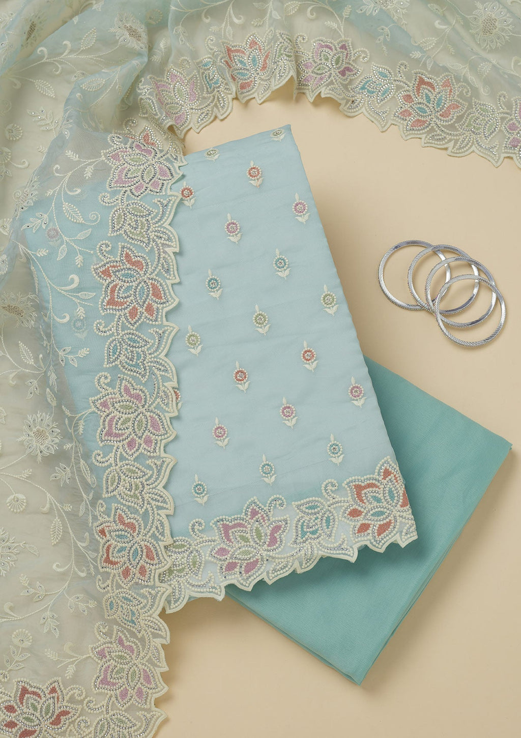 Sky Blue Threadwork Organza Unstitched Salwar Suit