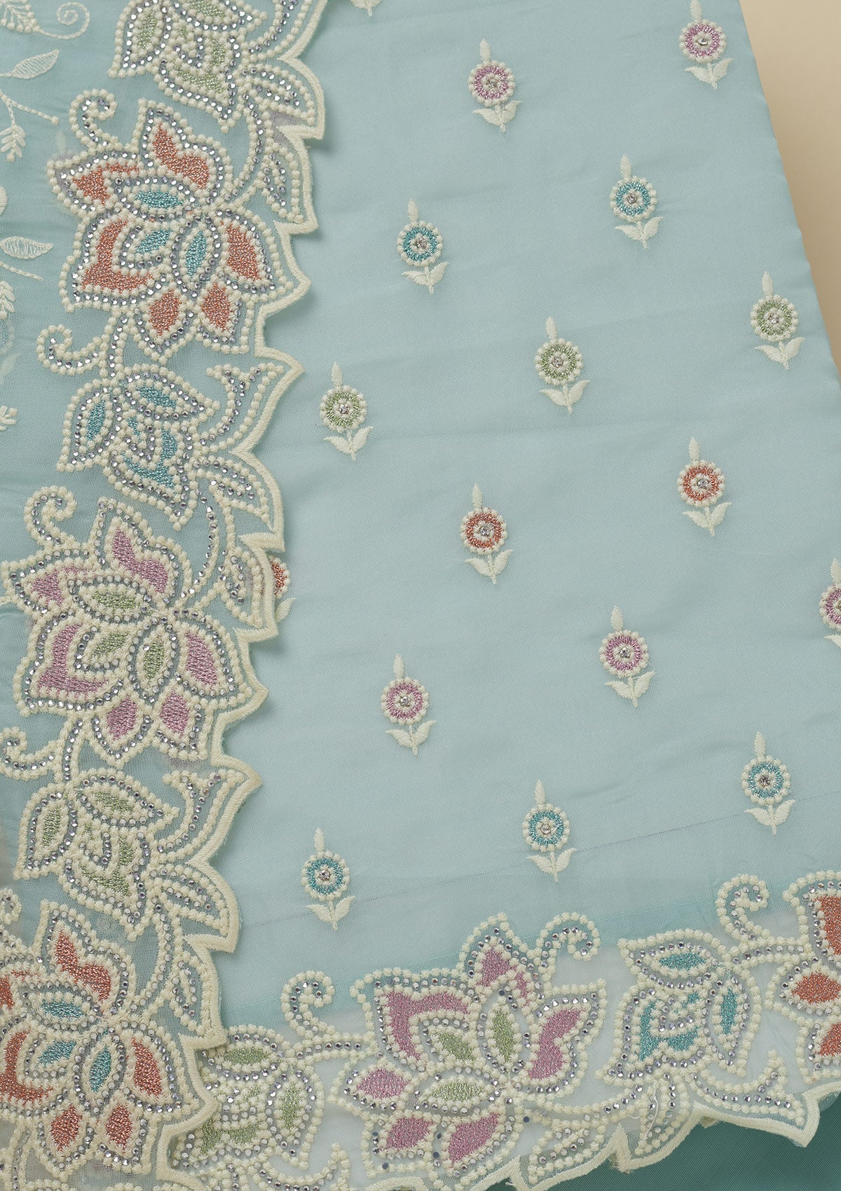 Sky Blue Threadwork Organza Unstitched Salwar Suit
