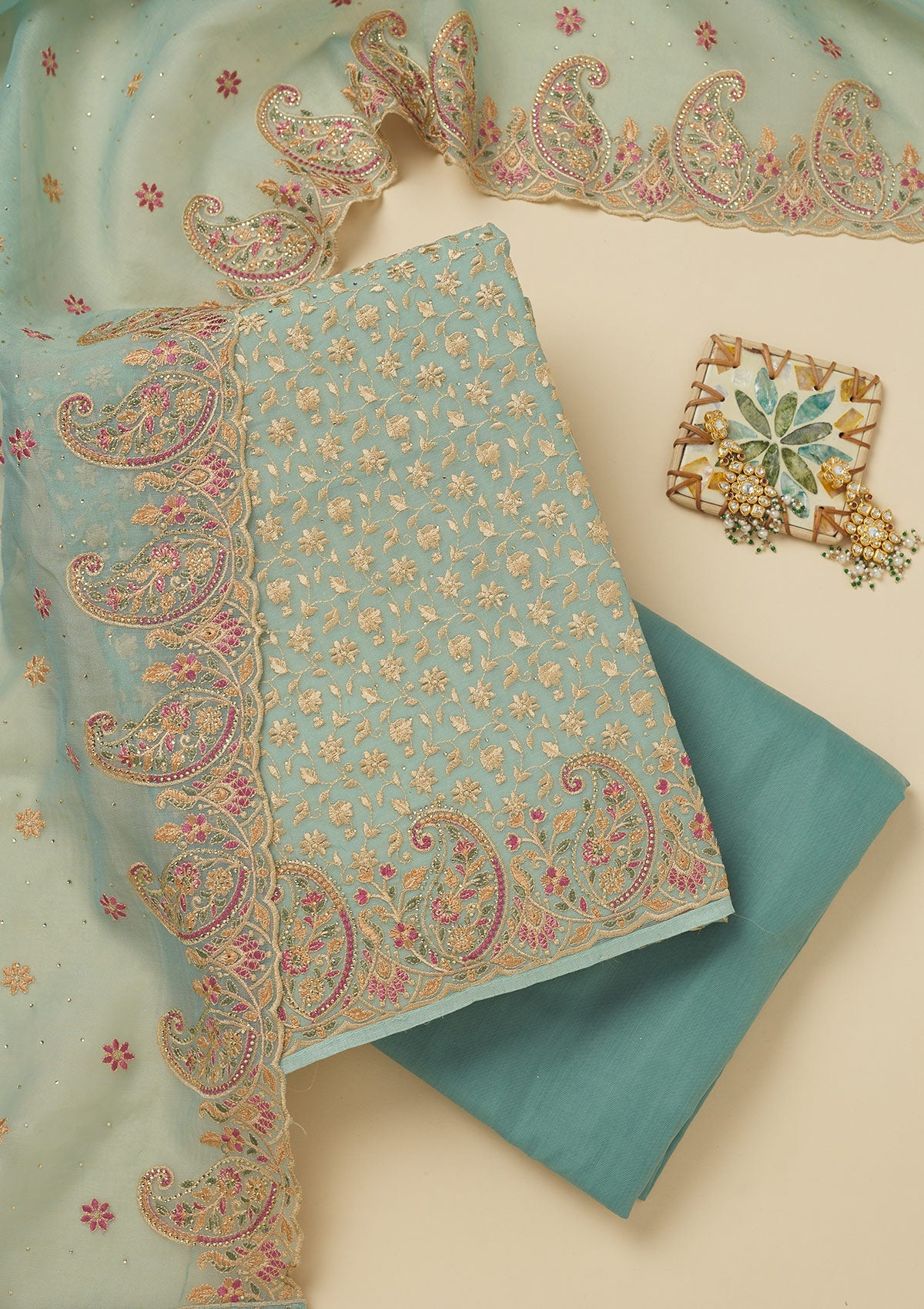 Sky Blue Threadwork Organza Unstitched Salwar Suit