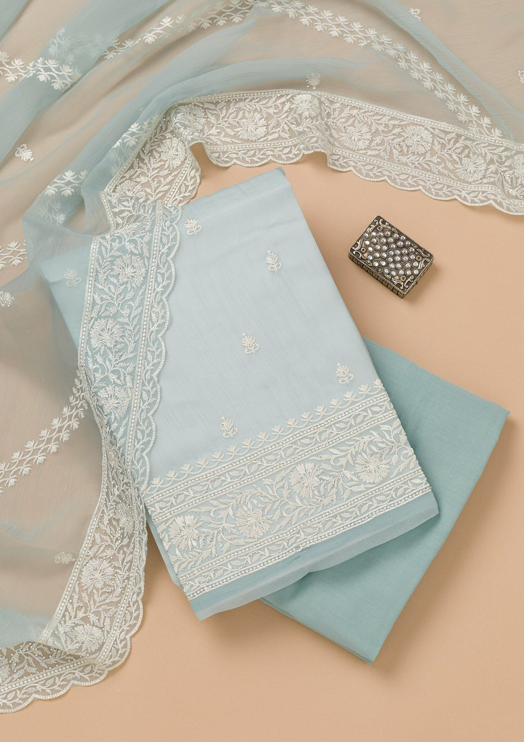 Sky Blue Threadwork Semi Crepe Unstitched Salwar Suit