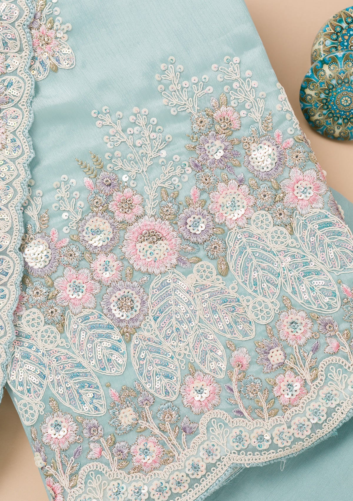 Sky Blue Threadwork Semi Crepe Unstitched Salwar Suit