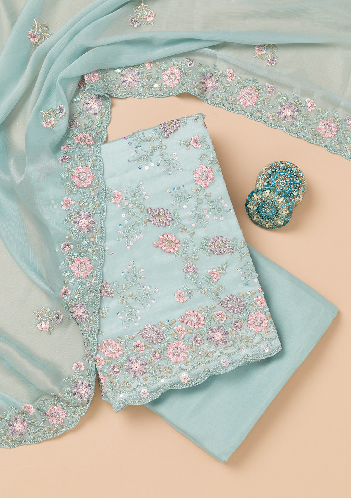 Sky Blue Threadwork Semi Crepe Unstitched Salwar Suit