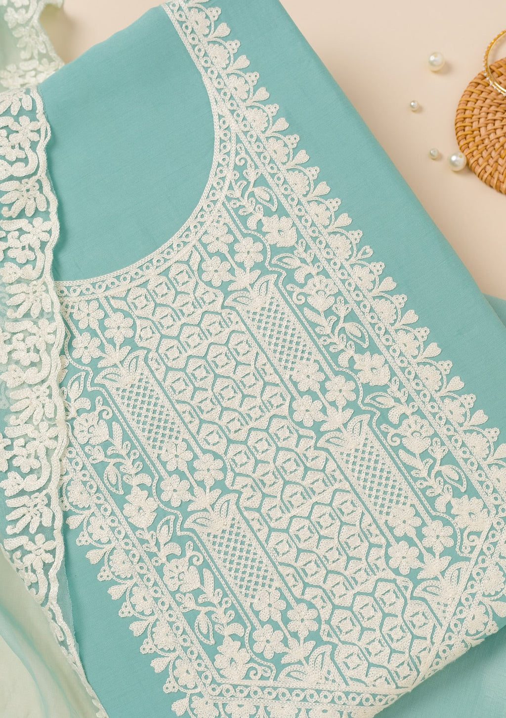 Sky Blue Threadwork Semi Crepe Unstitched Salwar Suit