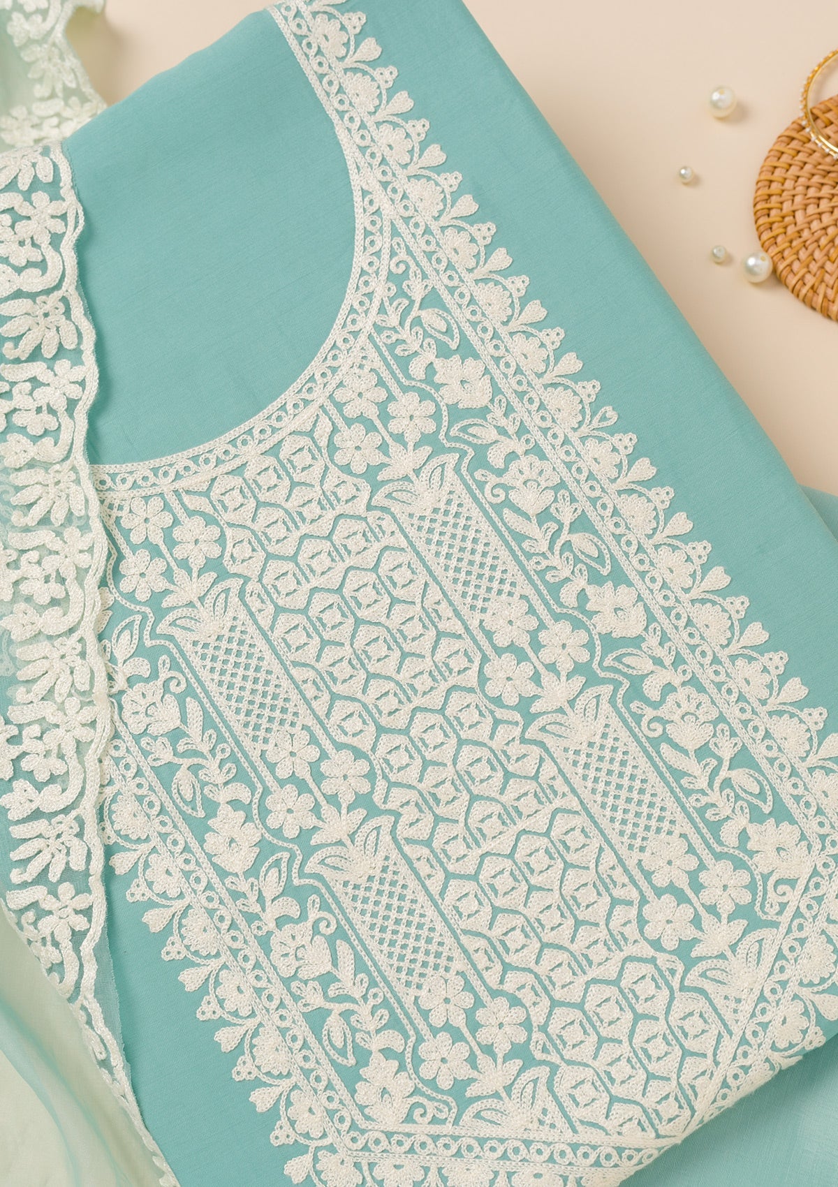 Sky Blue Threadwork Semi Crepe Unstitched Salwar Suit