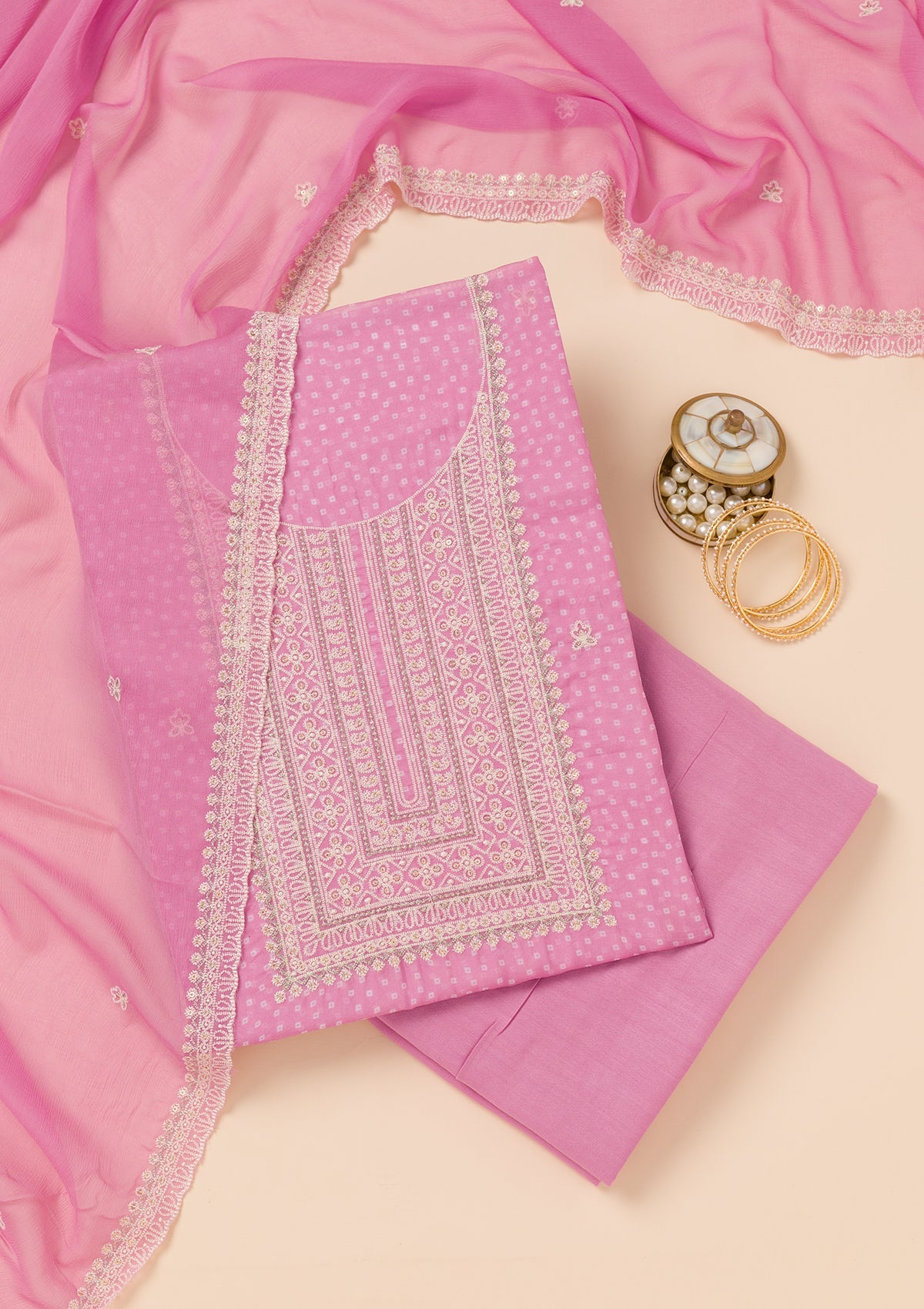 Pink Threadwork Semi Crepe Unstitched Salwar Suit