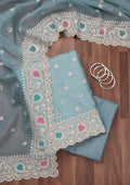 Sky Blue Threadwork Semi Crepe Unstitched Salwar Suit