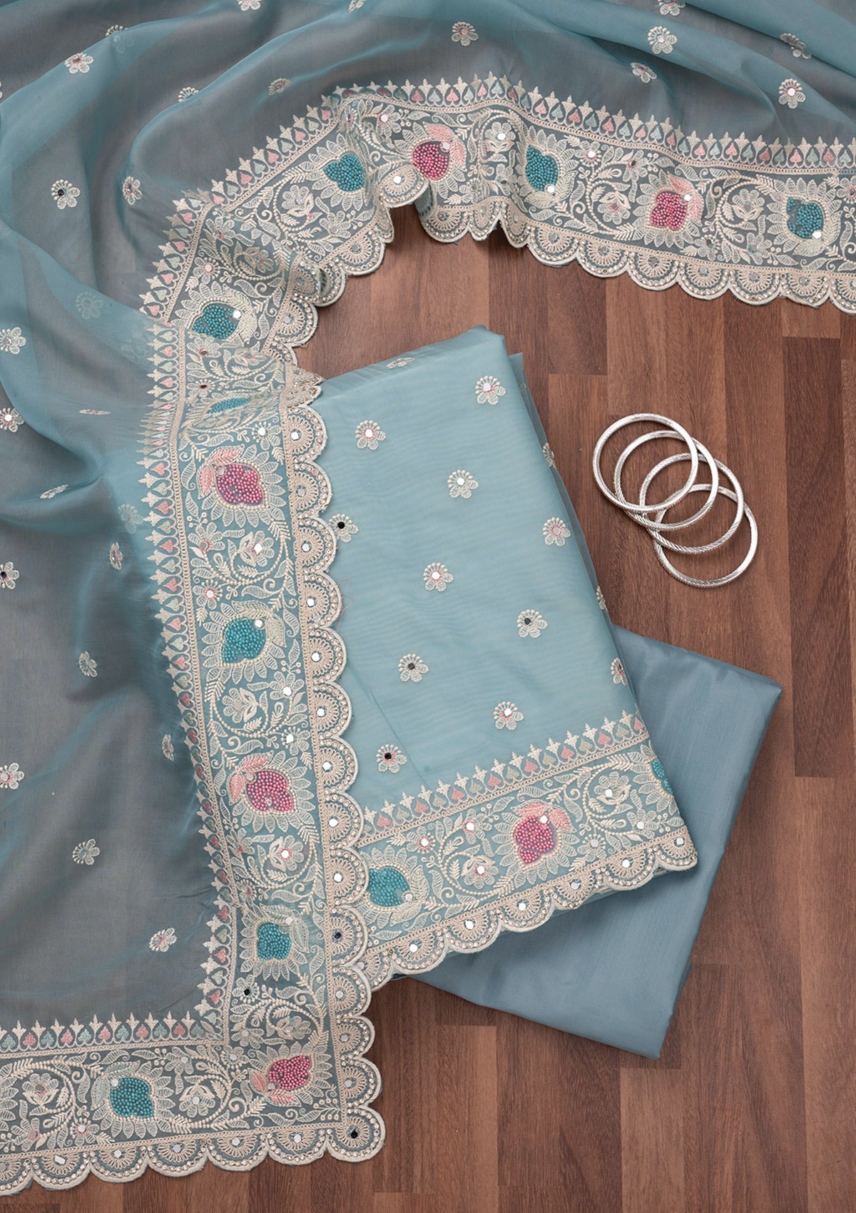 Sky Blue Threadwork Semi Crepe Unstitched Salwar Suit