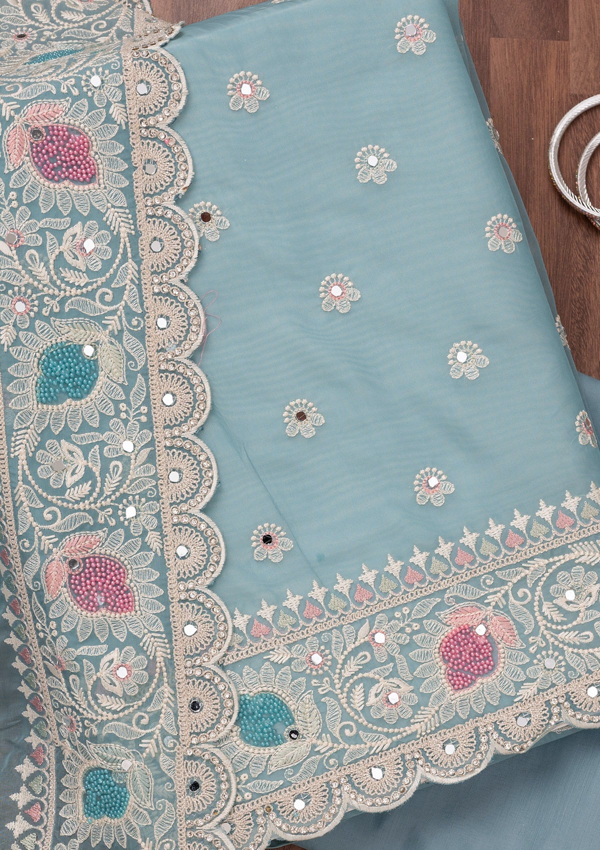 Sky Blue Threadwork Semi Crepe Unstitched Salwar Suit