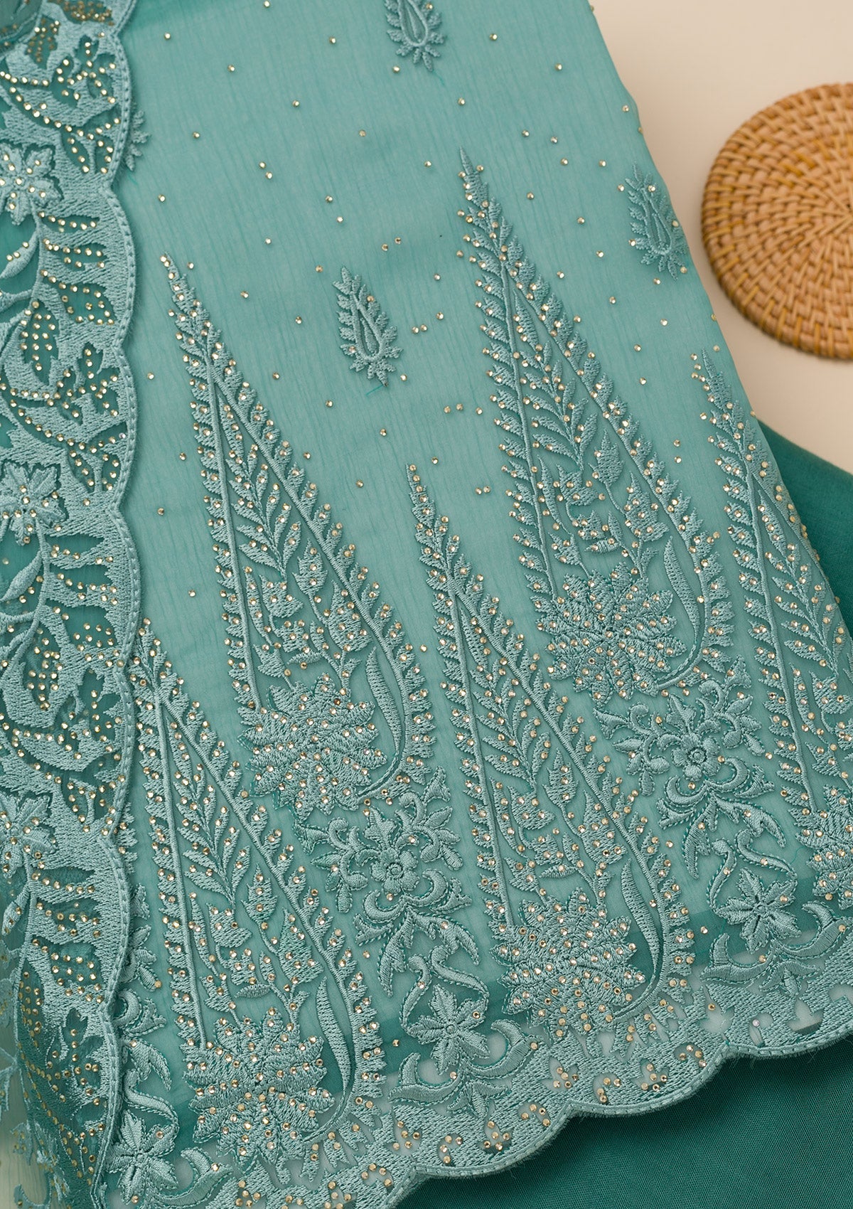 Sea Green Threadwork Tissue Unstitched Salwar Suit