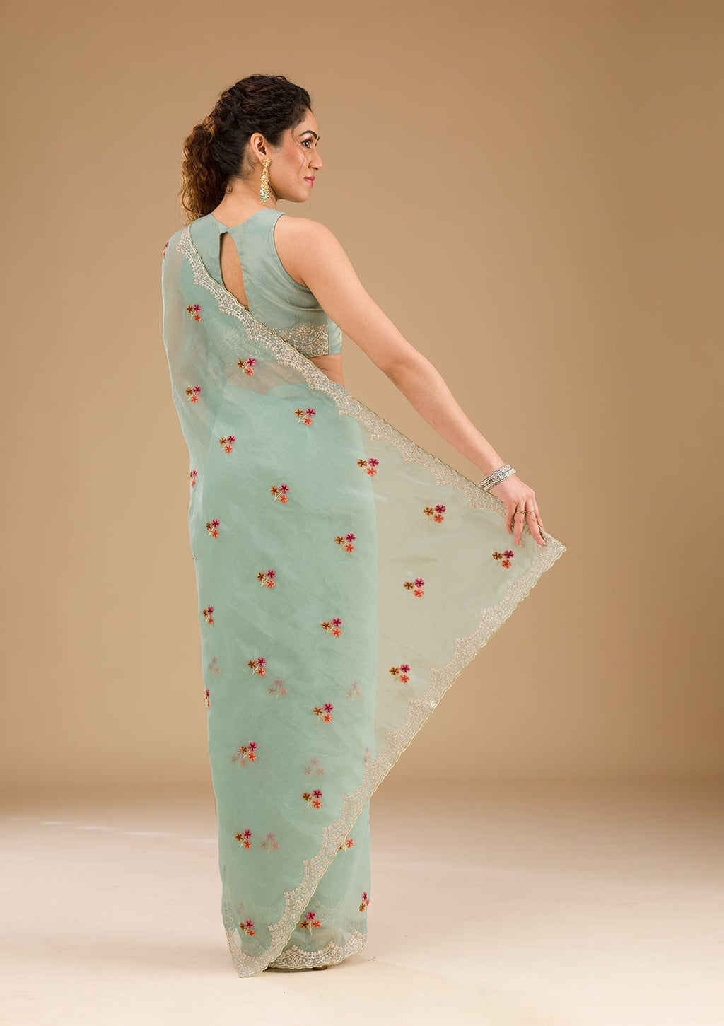 Sky Blue Threadwork Tissue Saree