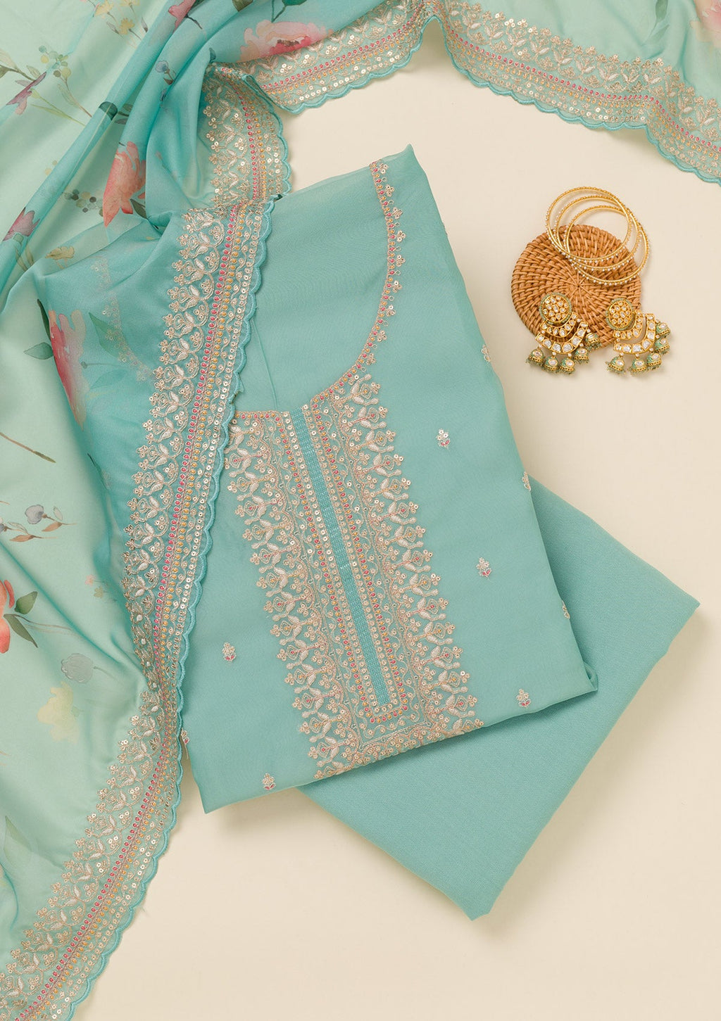 Sky Blue Zariwork Art Silk Unstitched Salwar Suit
