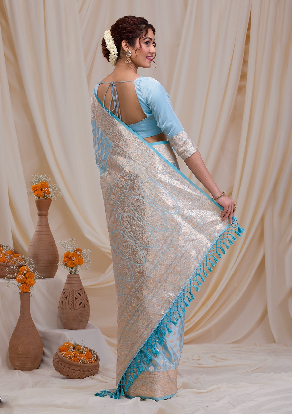 Sky Blue Zariwork Banarasi Silk Saree