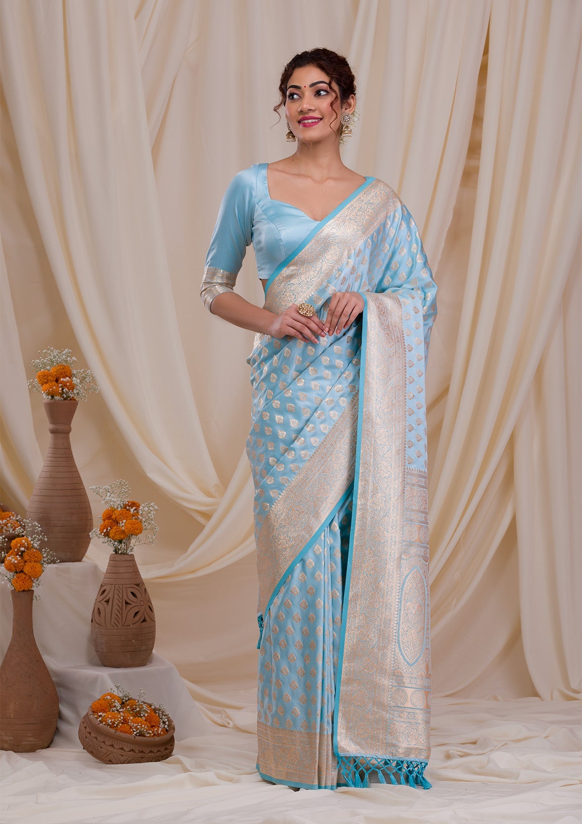 Sky Blue Zariwork Banarasi Silk Saree